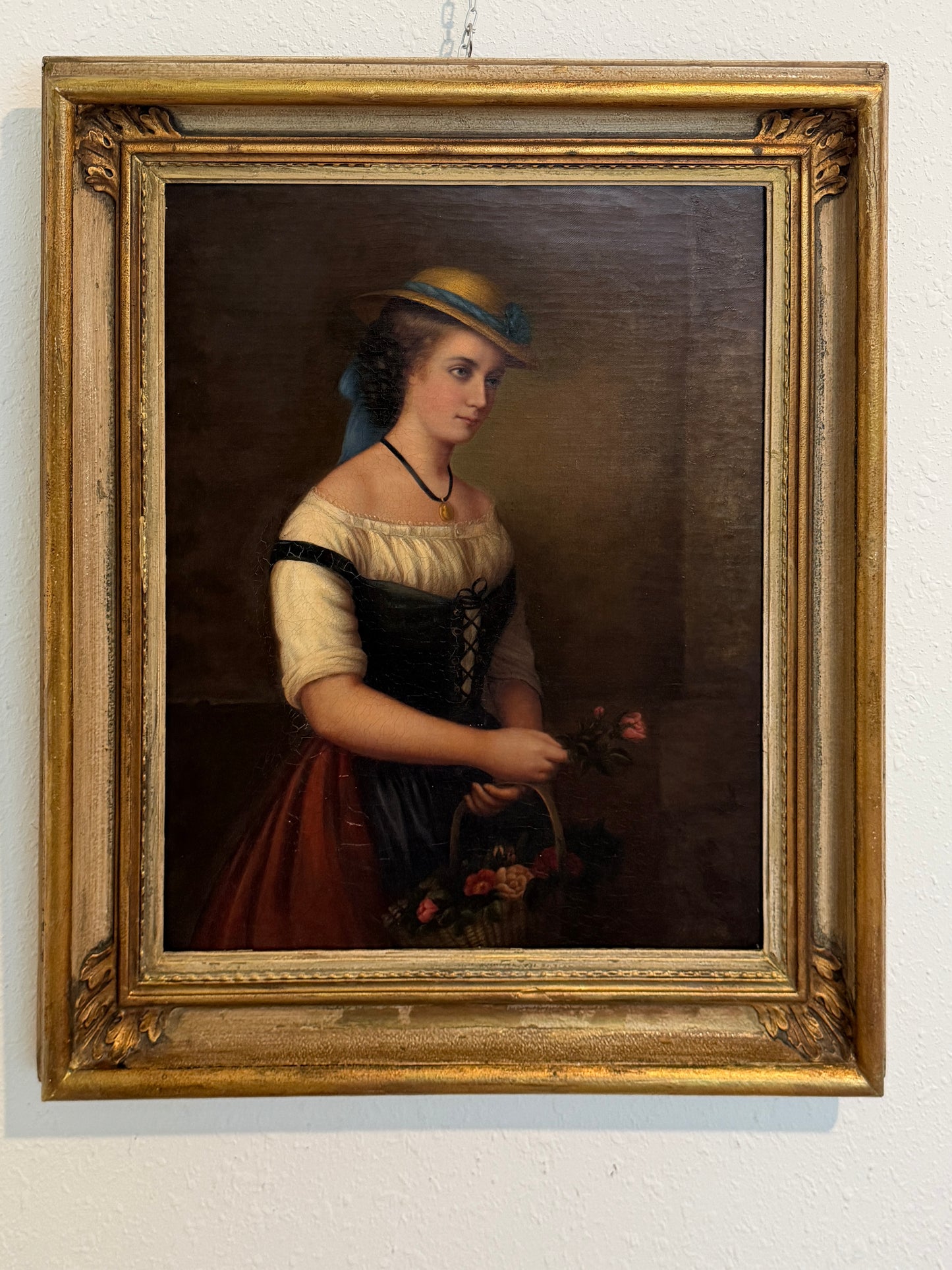 Antique 1868 Oil Portrait Young Woman European Lady Gilt Frame 19th Century