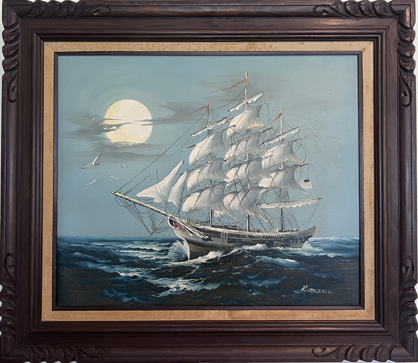 K.Maskell painting on canvas, seascape, Sailing Ship in the Ocean, Framed