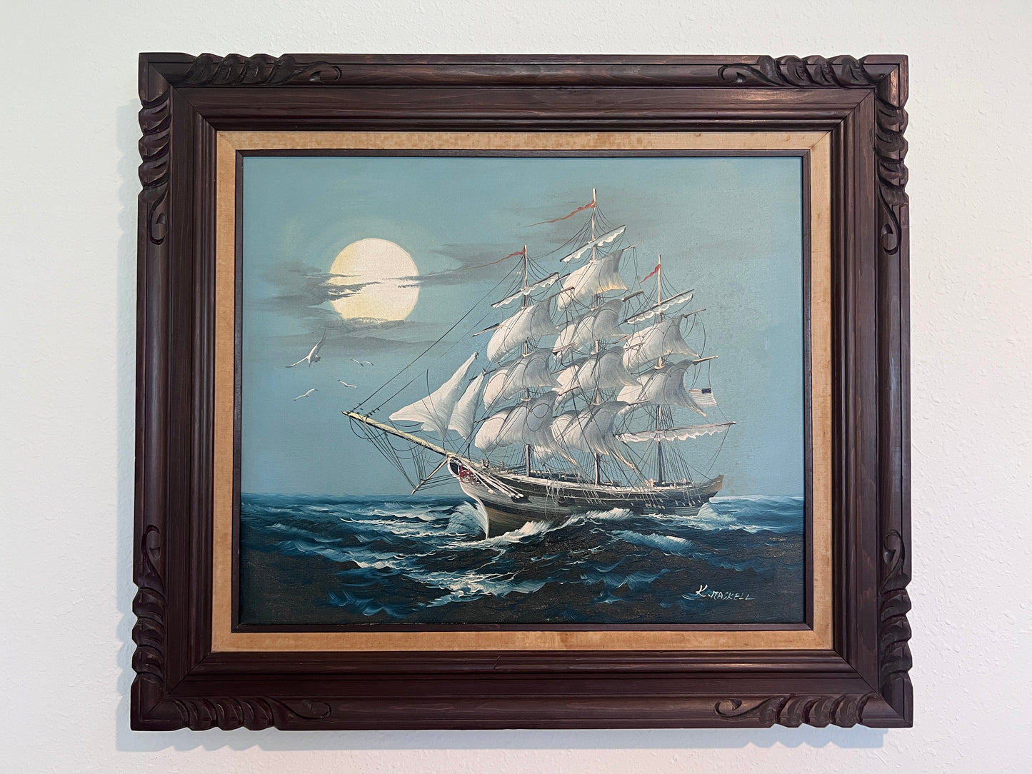 K.Maskell painting on canvas, seascape, Sailing Ship in the Ocean, Framed