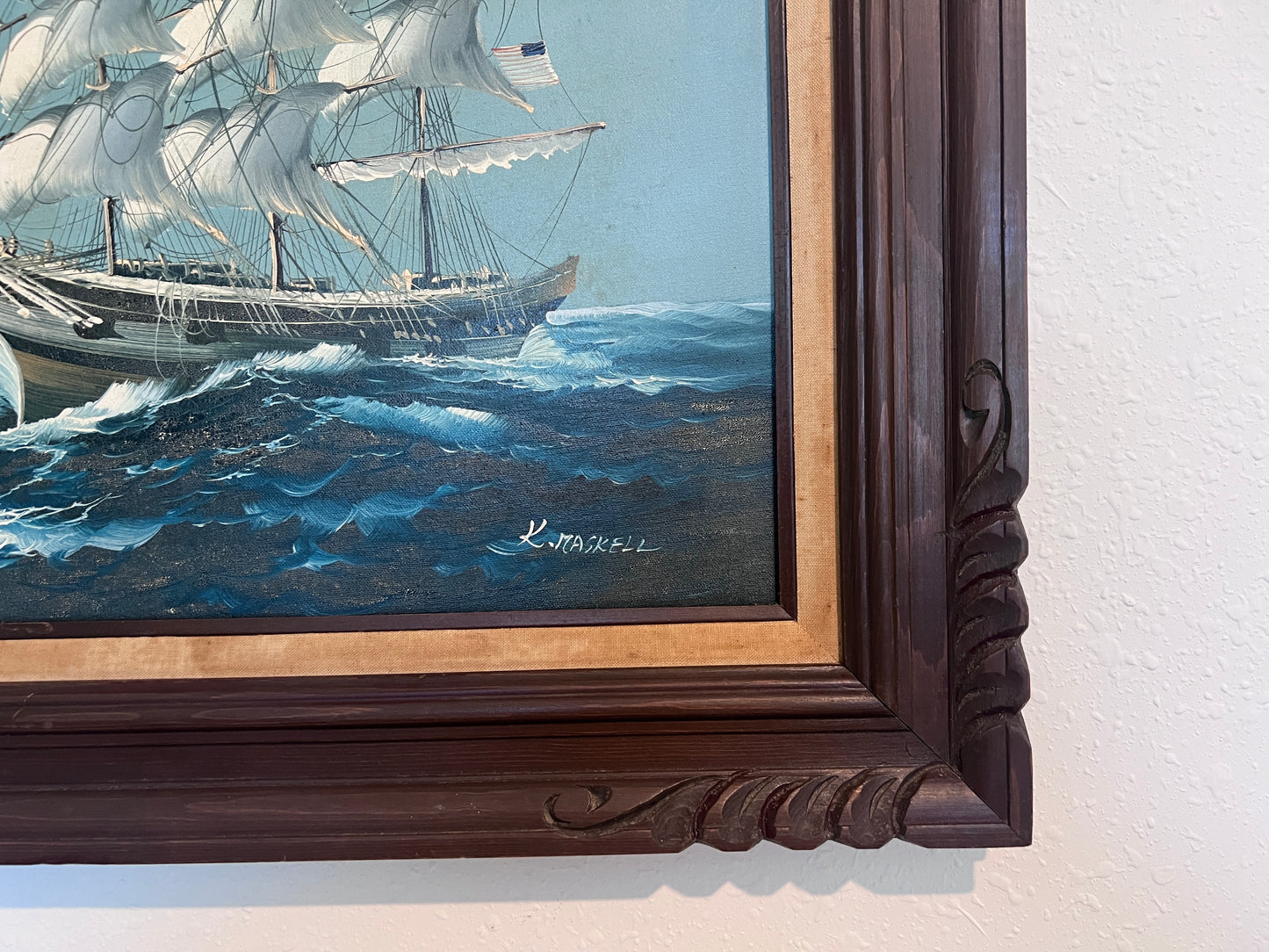 K.Maskell painting on canvas, seascape, Sailing Ship in the Ocean, Framed