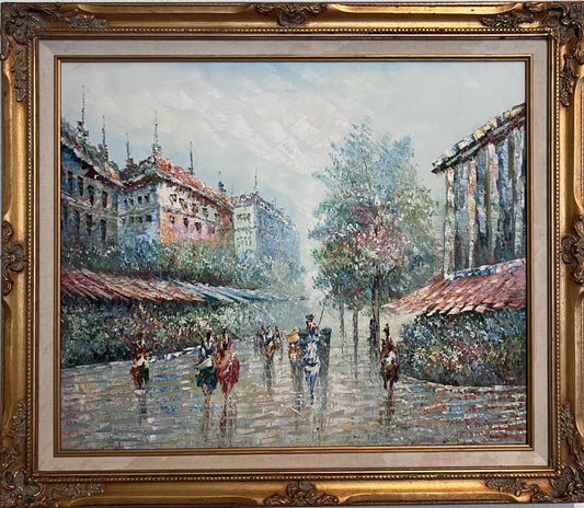 Original painting on canvas cityscape, Paris street view, Signed, framed