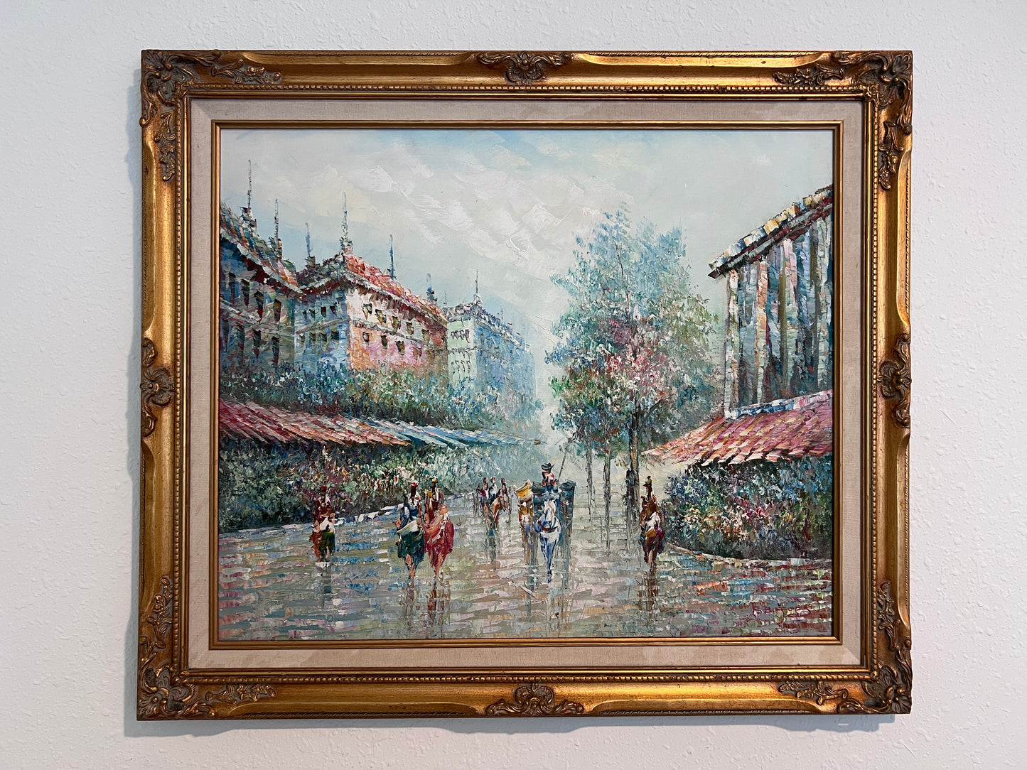 Original painting on canvas cityscape, Paris street view, Signed, framed