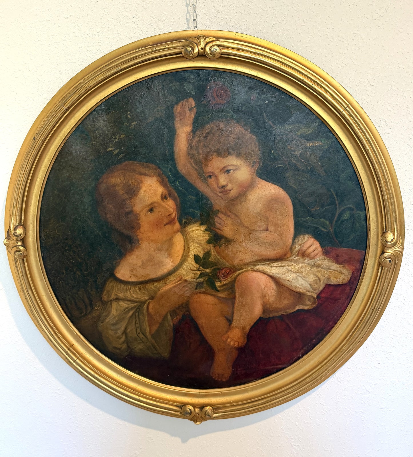 Antique 19th c. Mother & Child Oil Painting in Gilt Frame Victorian Continental