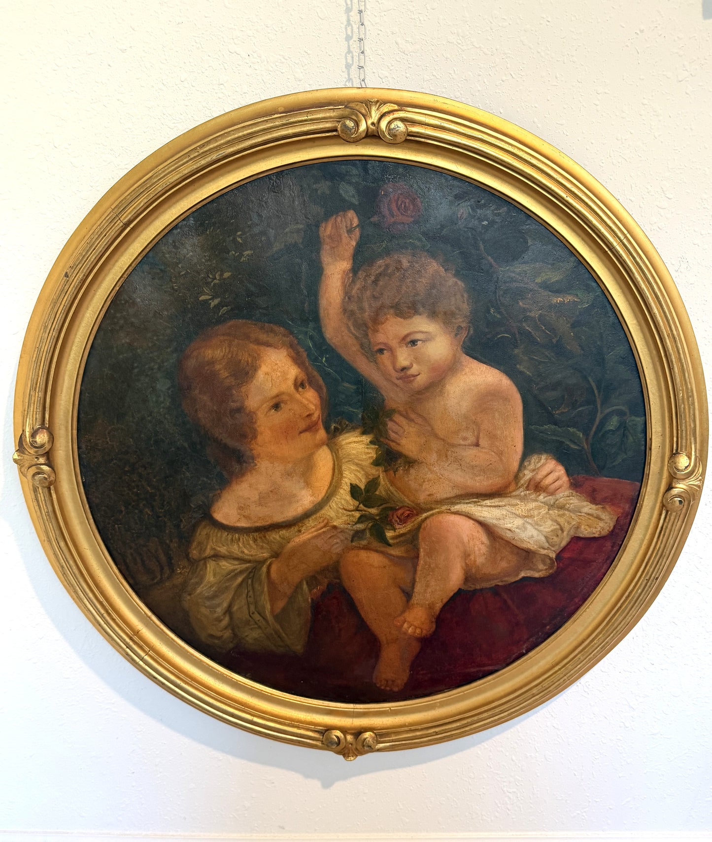 Antique 19th c. Mother & Child Oil Painting in Gilt Frame Victorian Continental