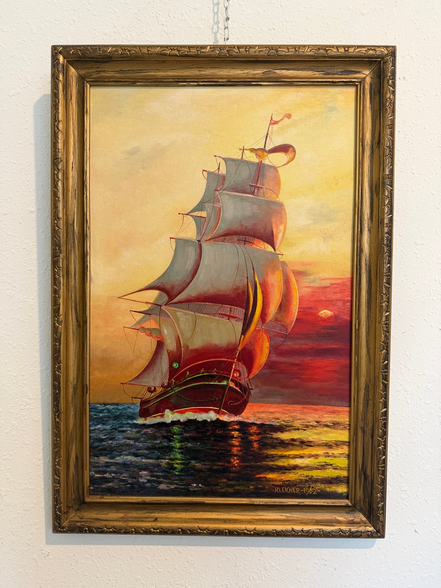 Original Vintage Oil Painting by Klekner (1962) – Tall Ship at Sunset, Seascape