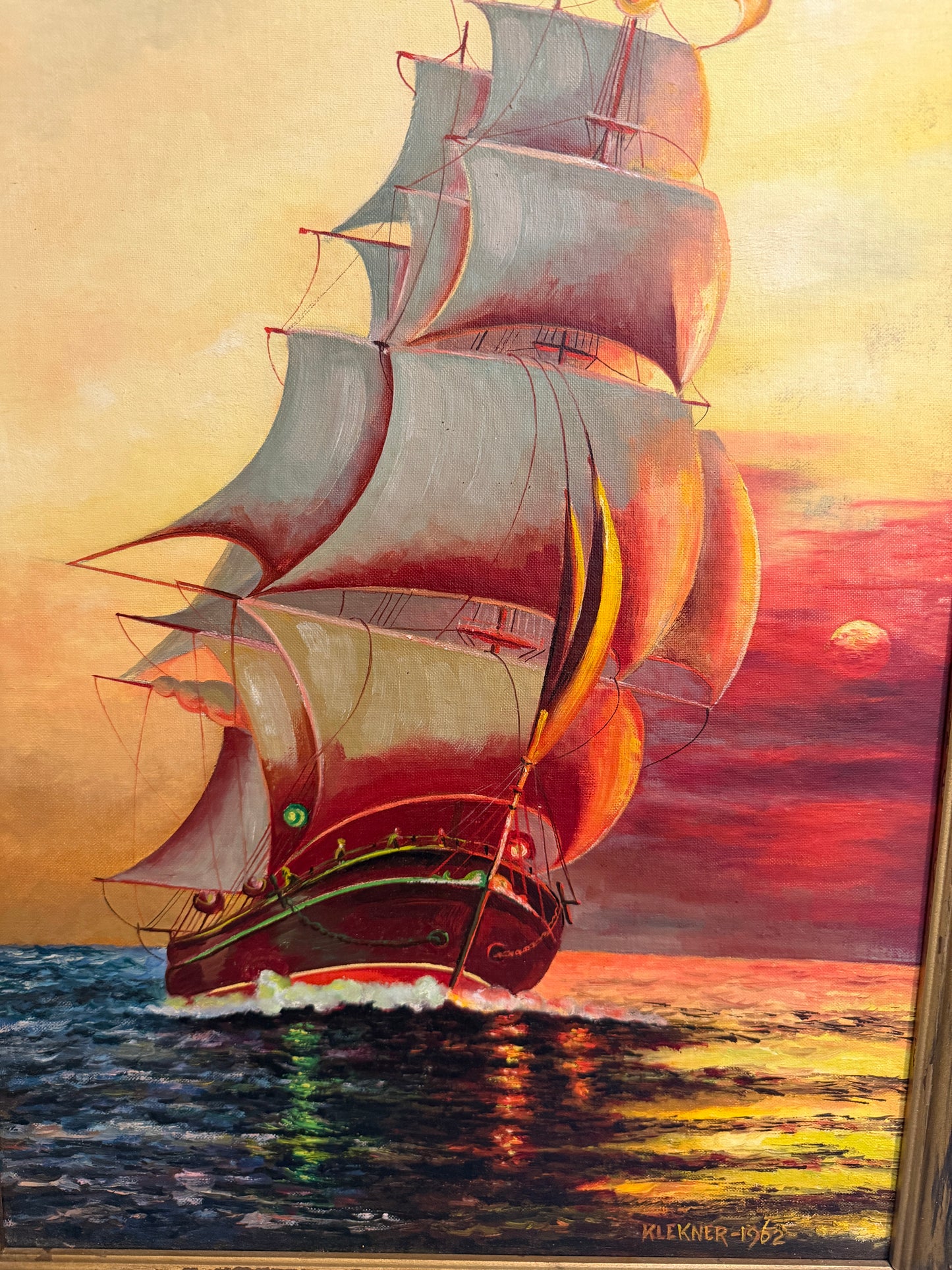 Original Vintage Oil Painting by Klekner (1962) – Tall Ship at Sunset, Seascape