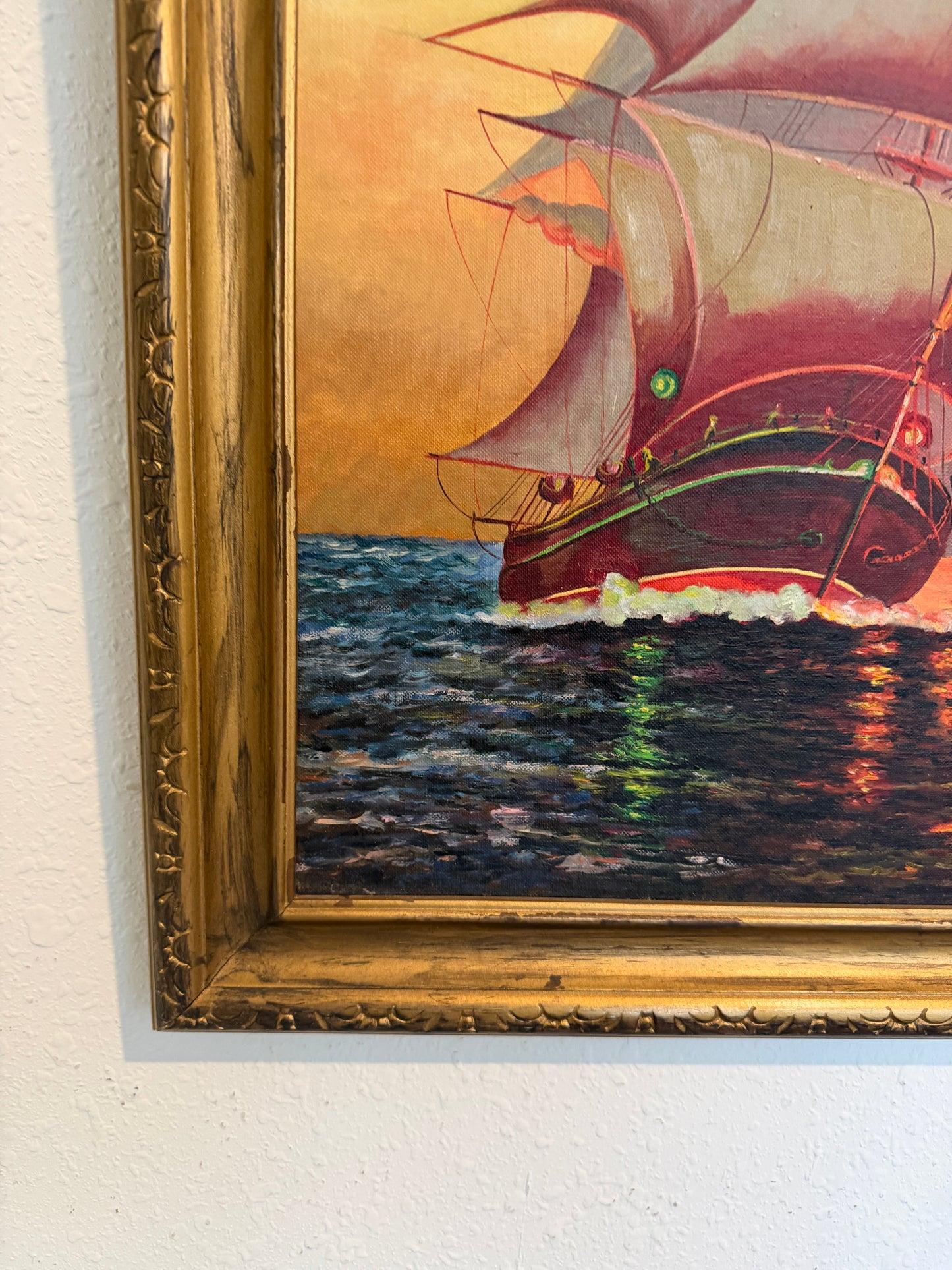 Original Vintage Oil Painting by Klekner (1962) – Tall Ship at Sunset, Seascape