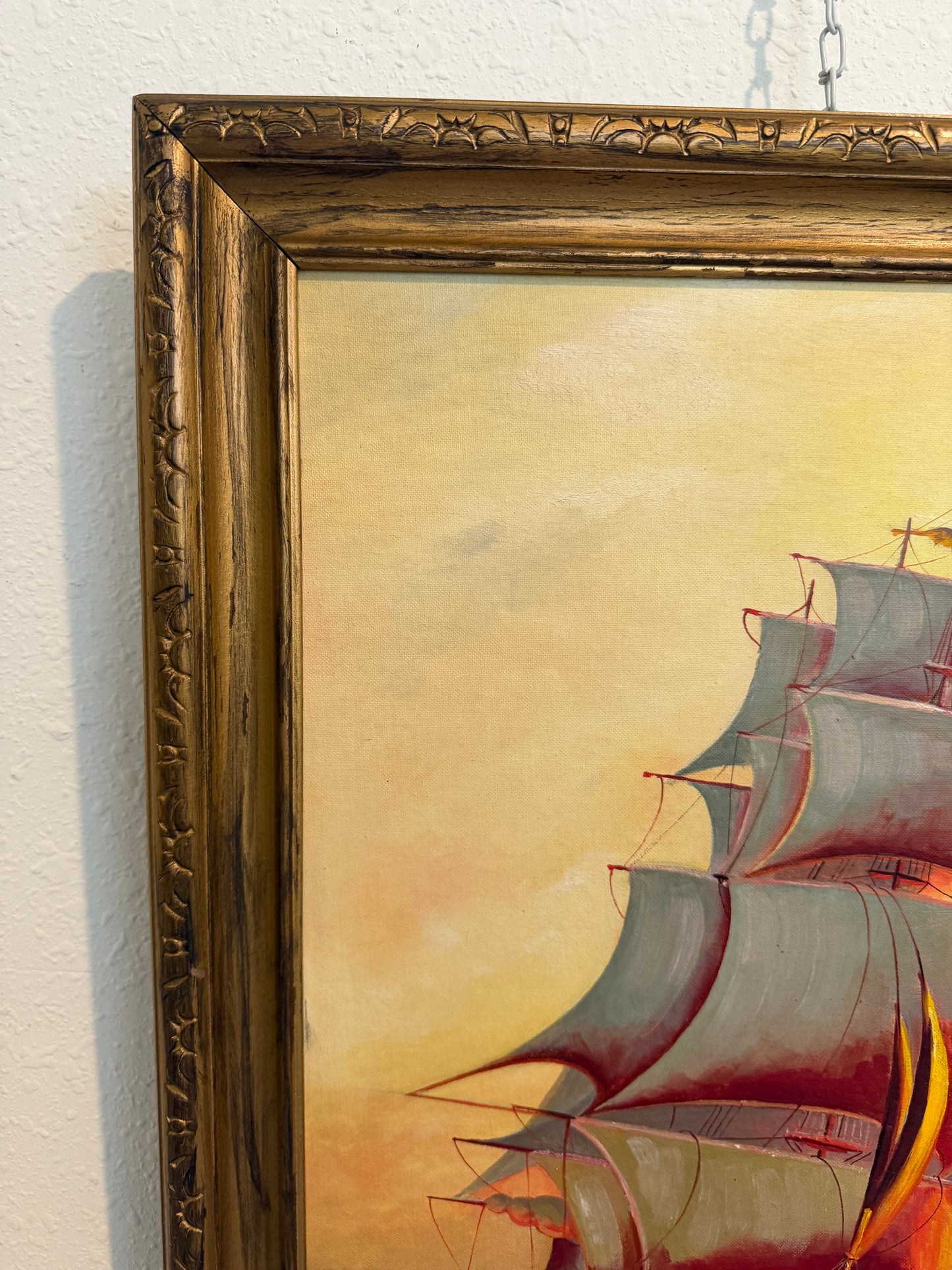 Original Vintage Oil Painting by Klekner (1962) – Tall Ship at Sunset, Seascape