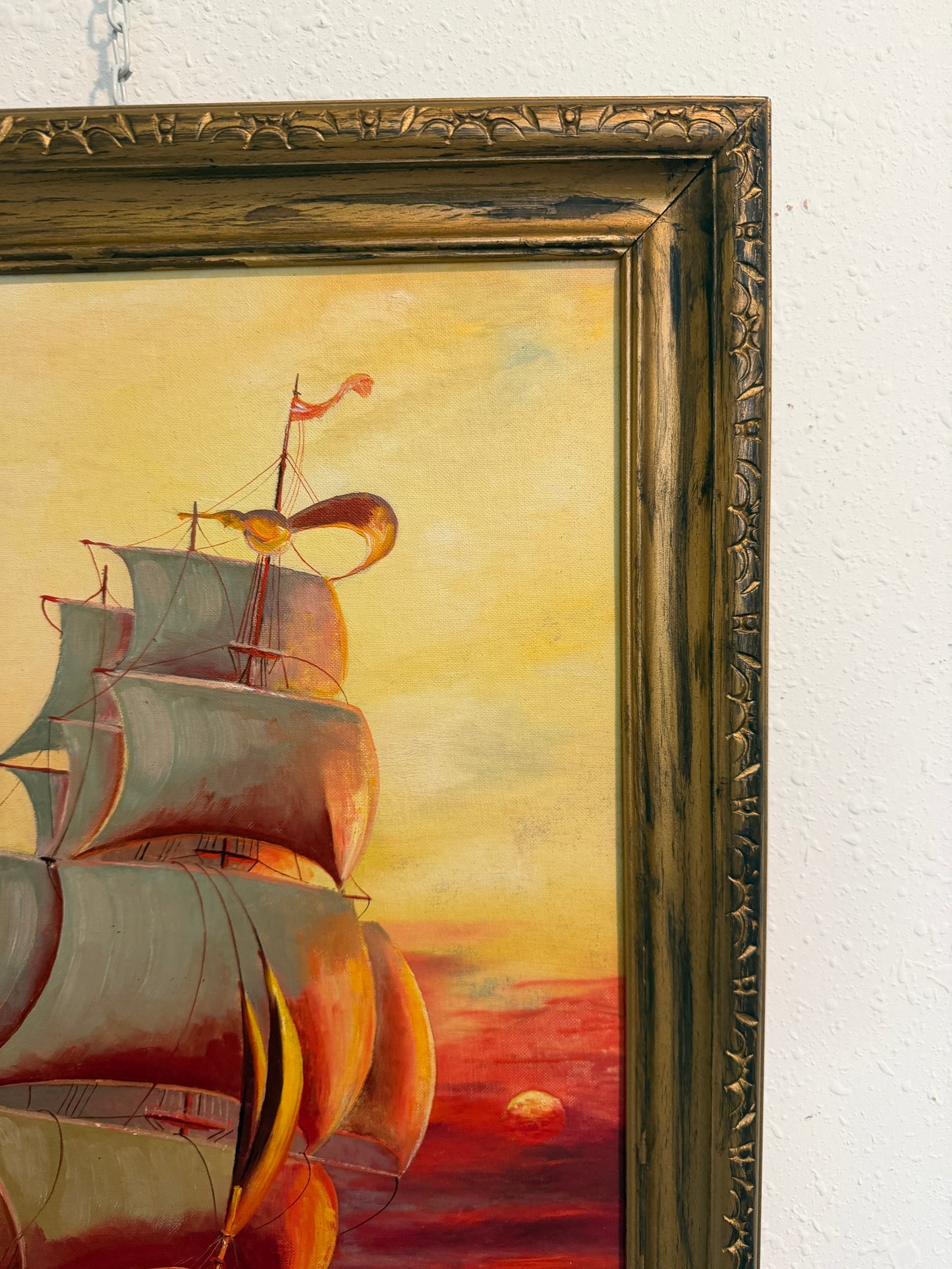 Original Vintage Oil Painting by Klekner (1962) – Tall Ship at Sunset, Seascape