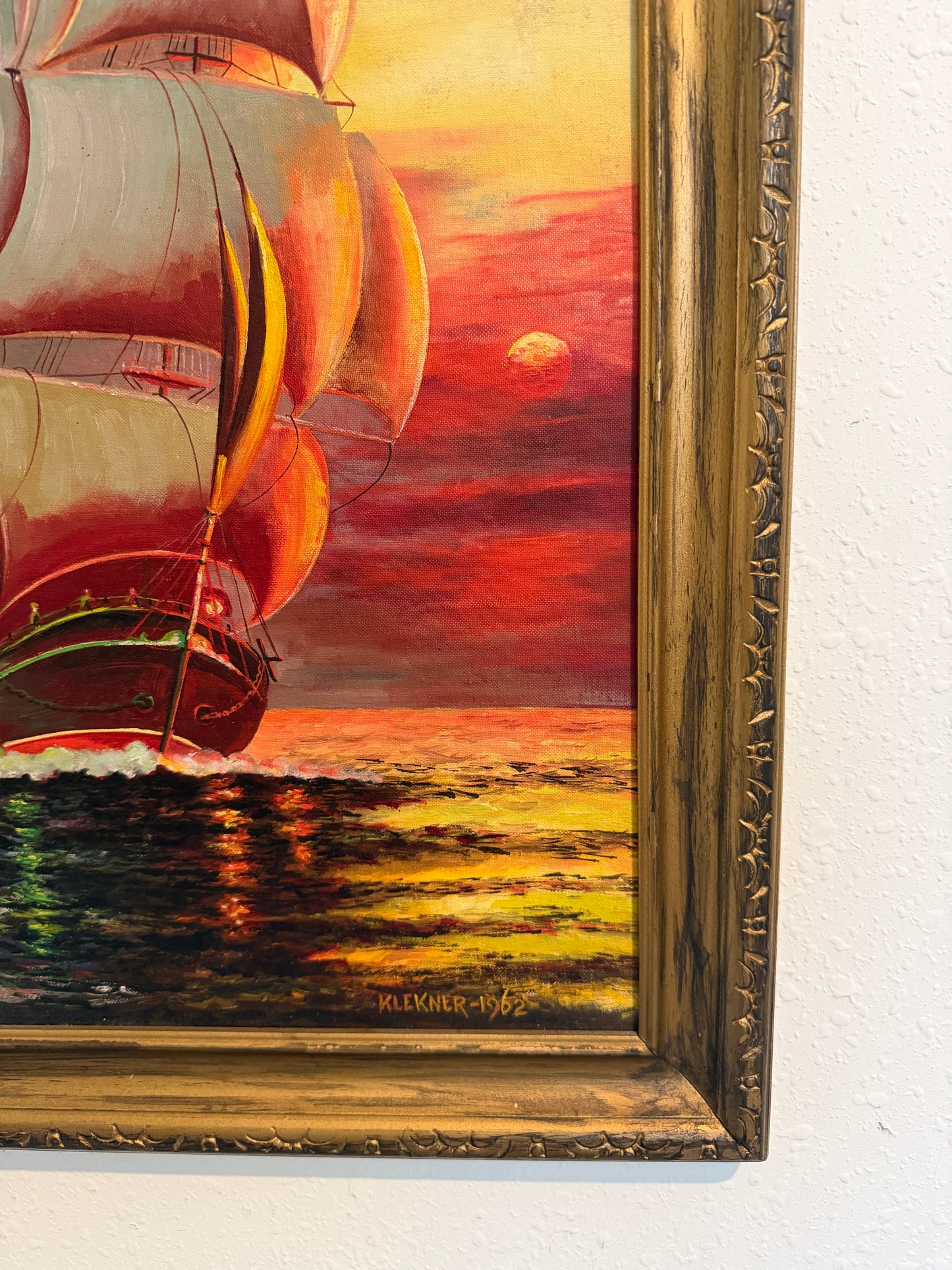 Original Vintage Oil Painting by Klekner (1962) – Tall Ship at Sunset, Seascape