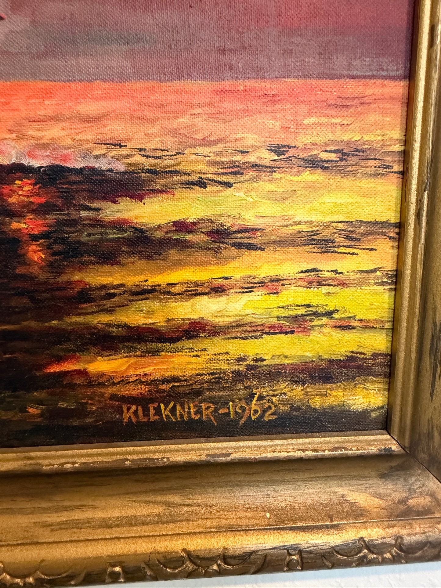 Original Vintage Oil Painting by Klekner (1962) – Tall Ship at Sunset, Seascape