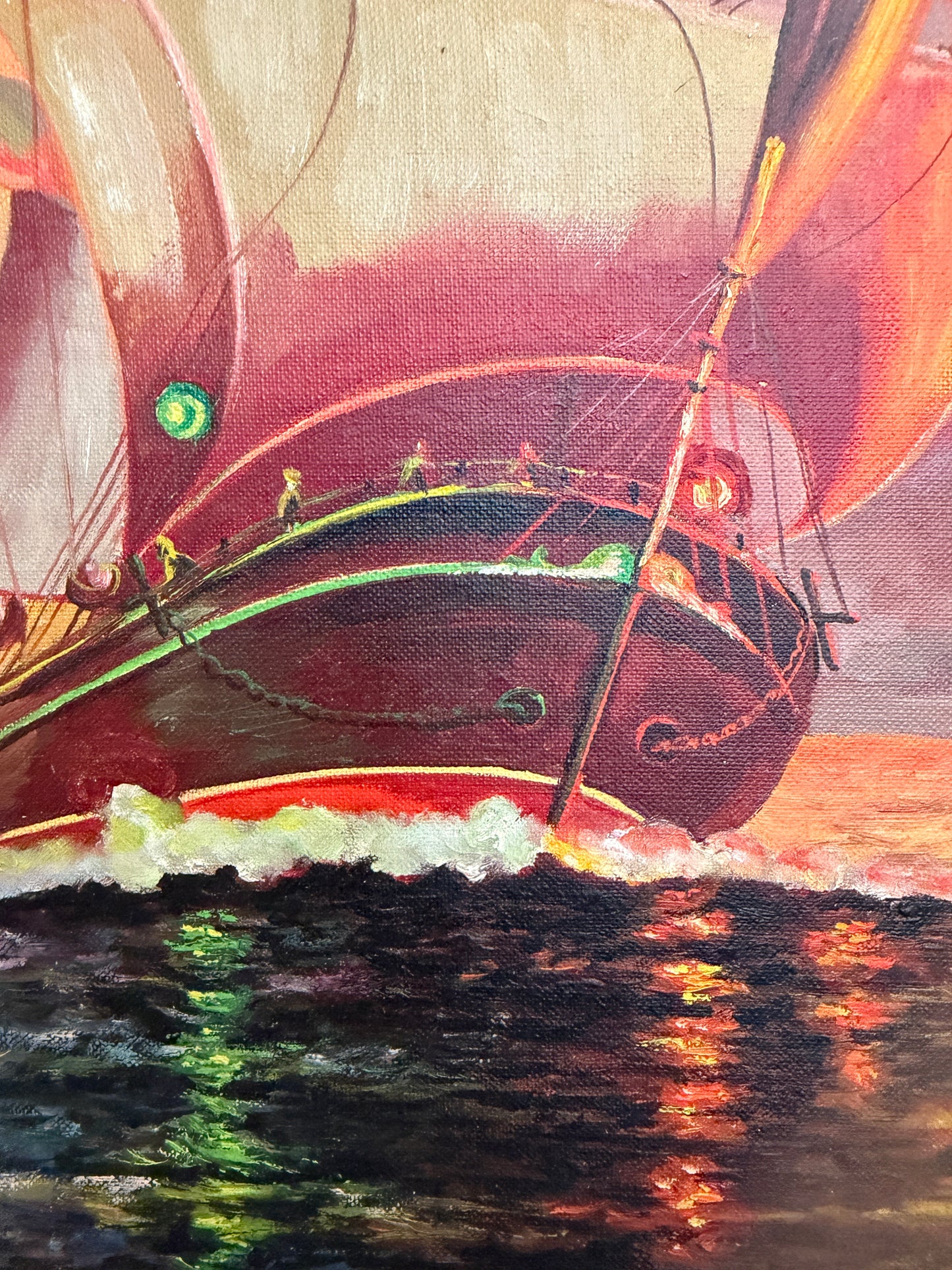 Original Vintage Oil Painting by Klekner (1962) – Tall Ship at Sunset, Seascape