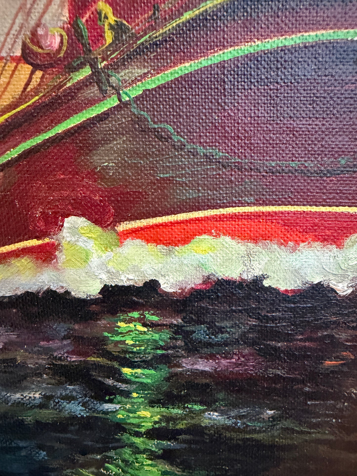 Original Vintage Oil Painting by Klekner (1962) – Tall Ship at Sunset, Seascape