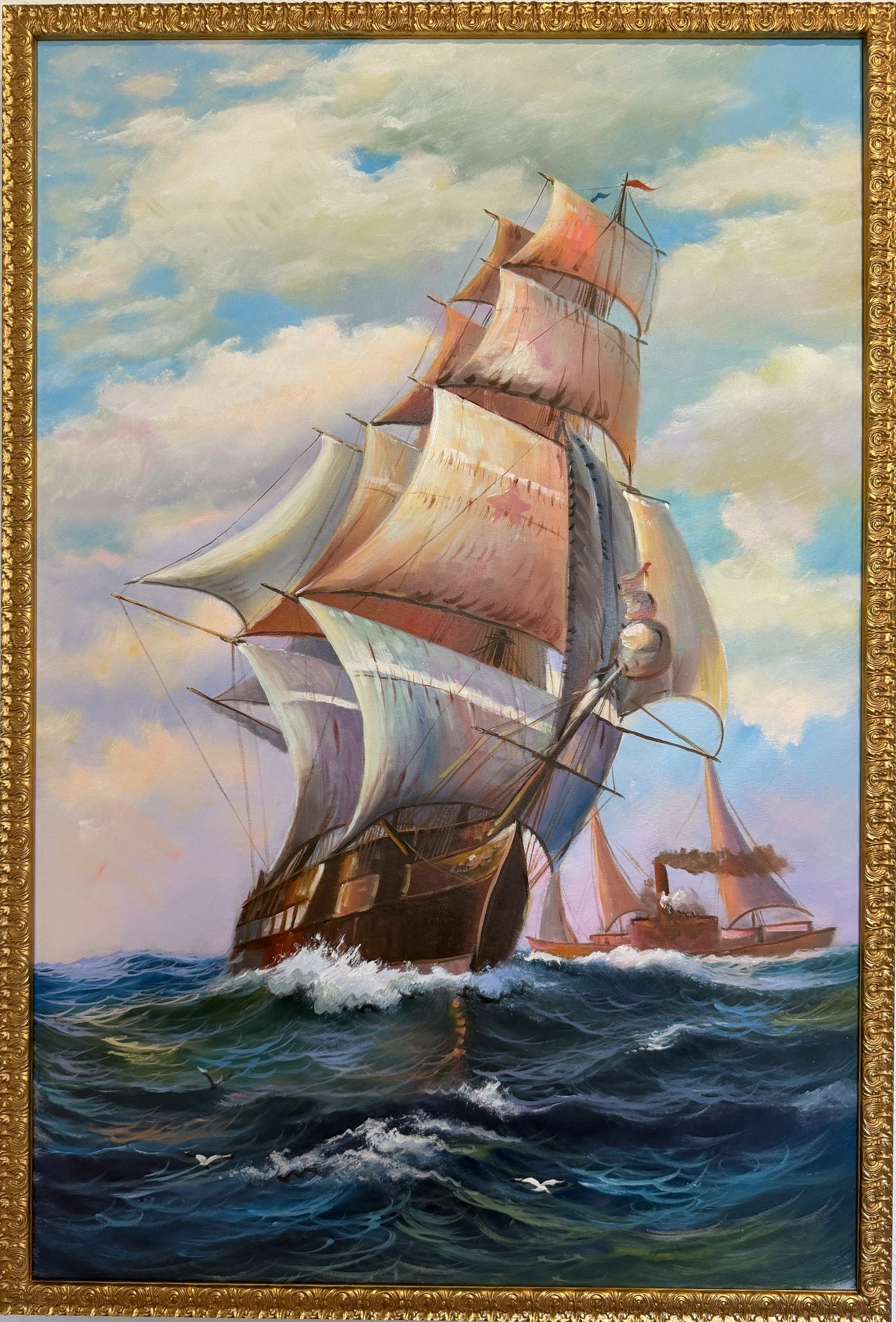 Tall Ship Seascape Oil Painting on canvas Clipper Ship Nautical Art Framed