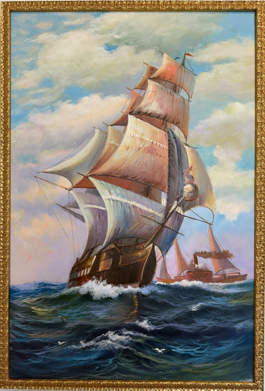 Tall Ship Seascape Oil Painting on canvas Clipper Ship Nautical Art Framed