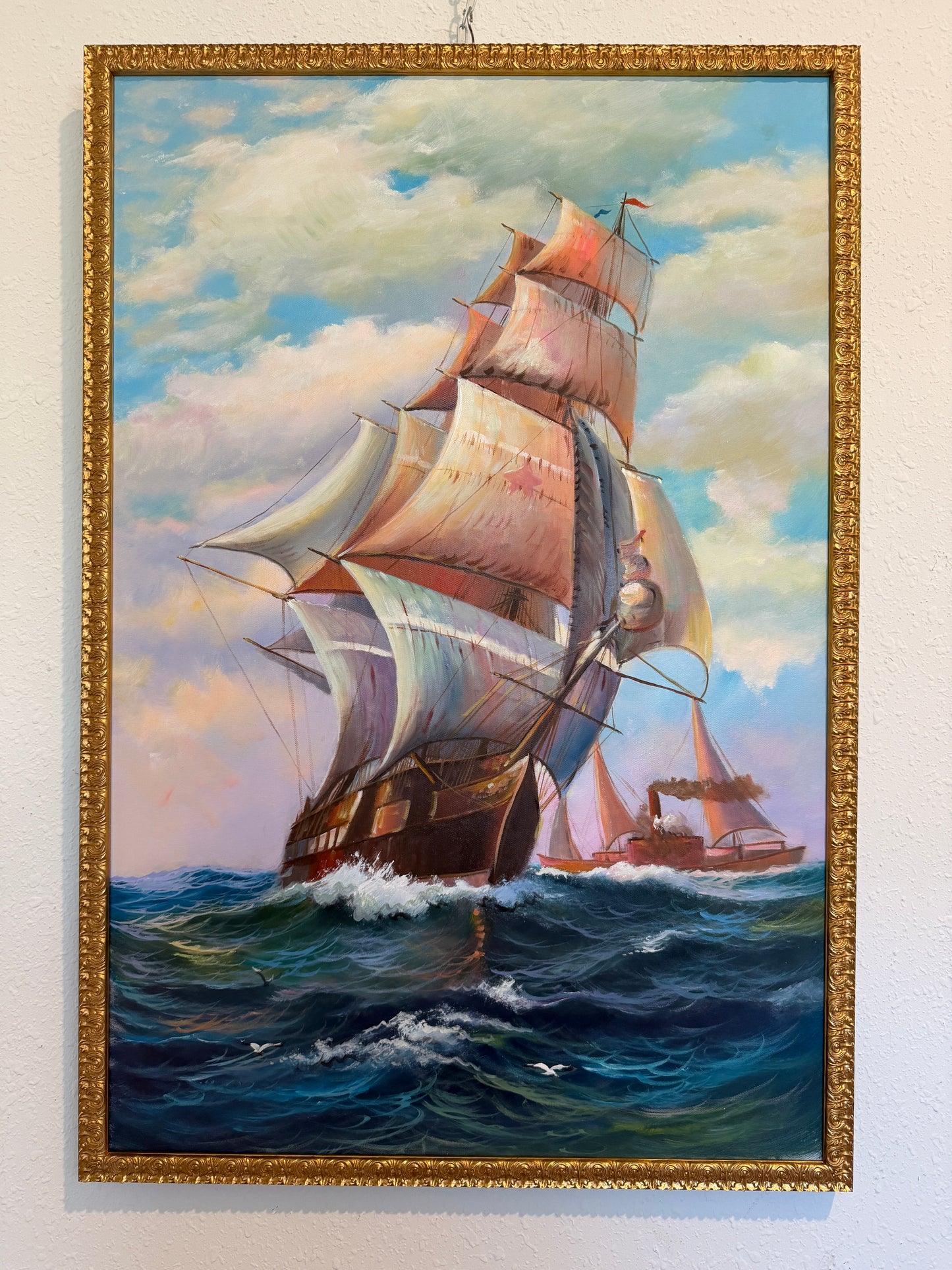Tall Ship Seascape Oil Painting on canvas Clipper Ship Nautical Art Framed