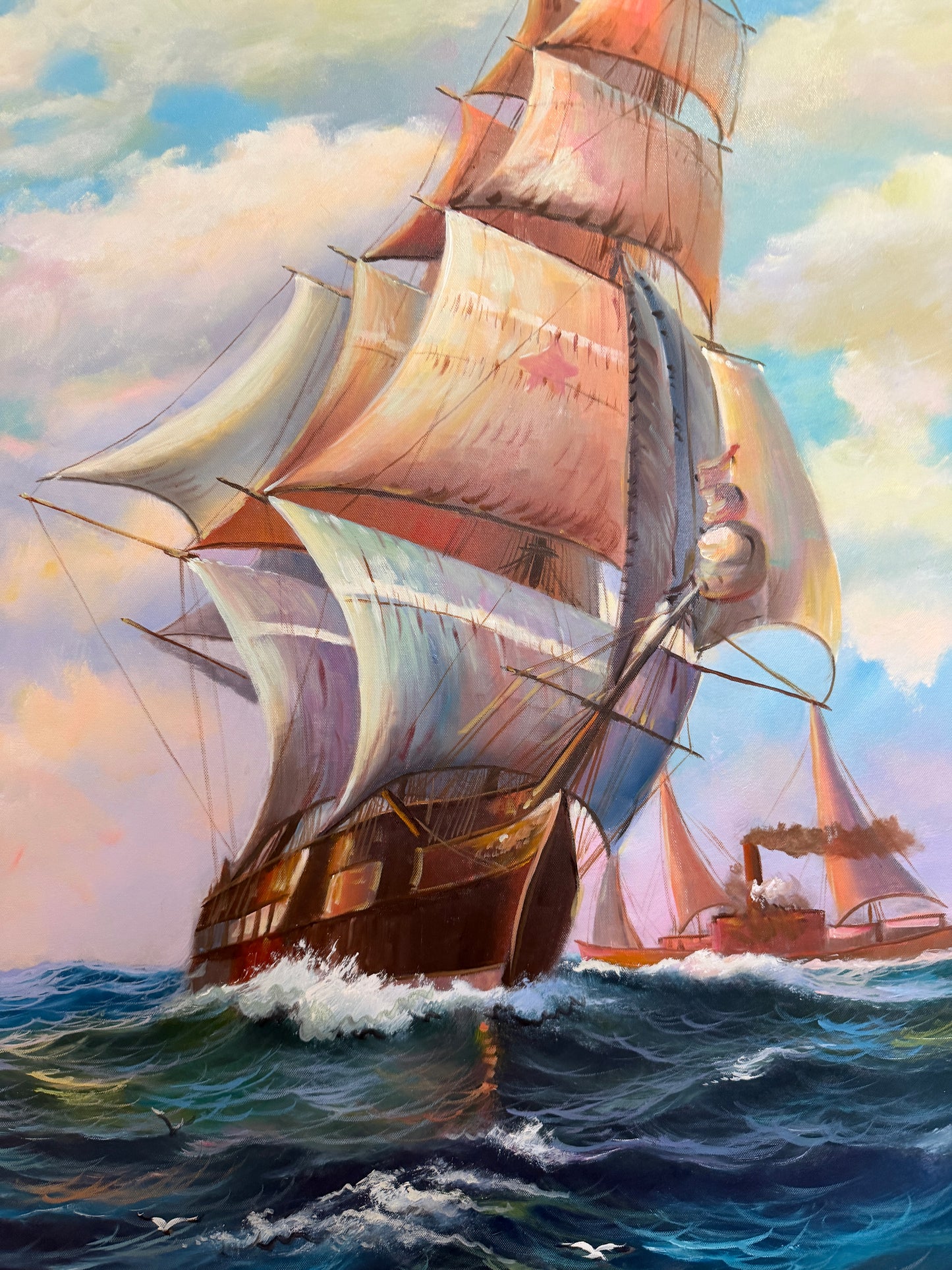 Tall Ship Seascape Oil Painting on canvas Clipper Ship Nautical Art Framed