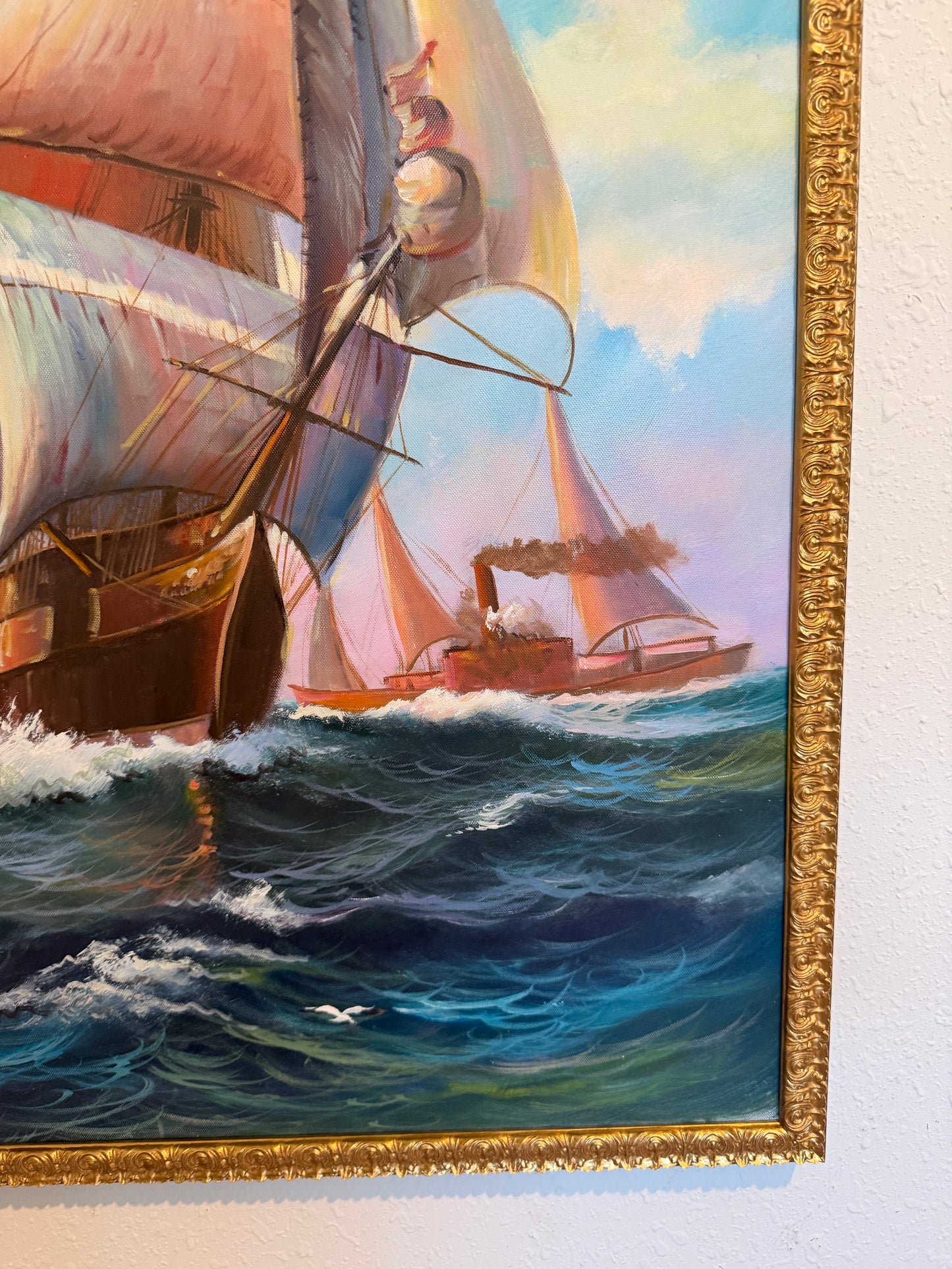 Tall Ship Seascape Oil Painting on canvas Clipper Ship Nautical Art Framed