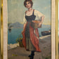 Antique Italian Oil Painting Young Woman with Fruit Basket Mediterranean Scene
