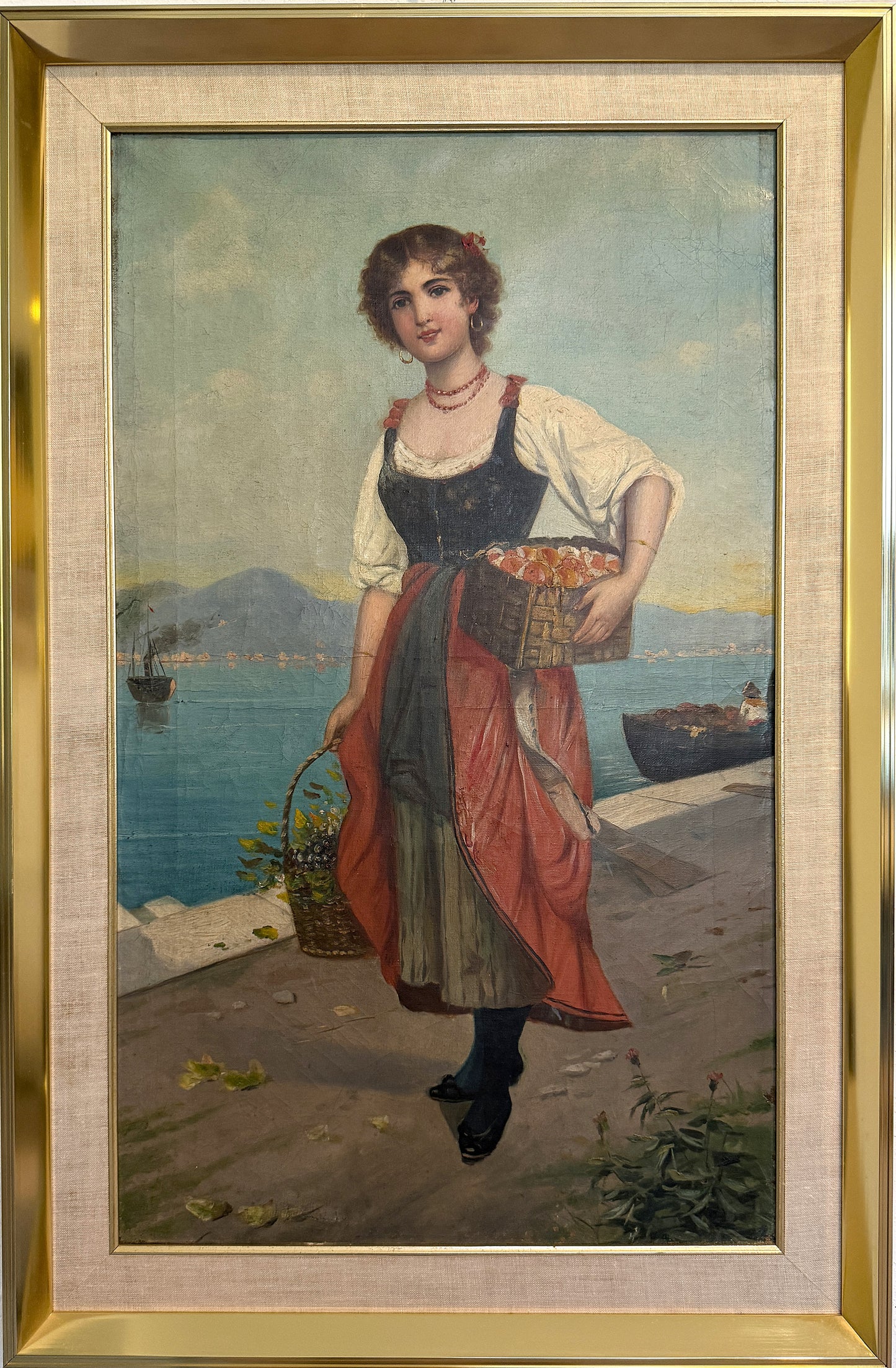 Antique Italian Oil Painting Young Woman with Fruit Basket Mediterranean Scene