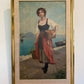 Antique Italian Oil Painting Young Woman with Fruit Basket Mediterranean Scene