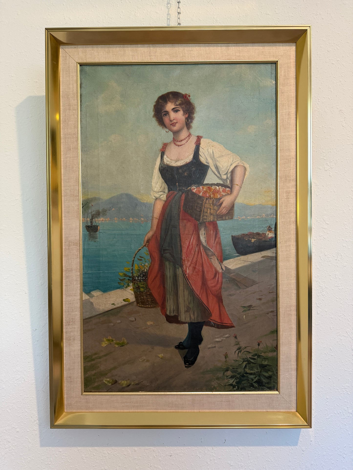 Antique Italian Oil Painting Young Woman with Fruit Basket Mediterranean Scene