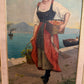 Antique Italian Oil Painting Young Woman with Fruit Basket Mediterranean Scene