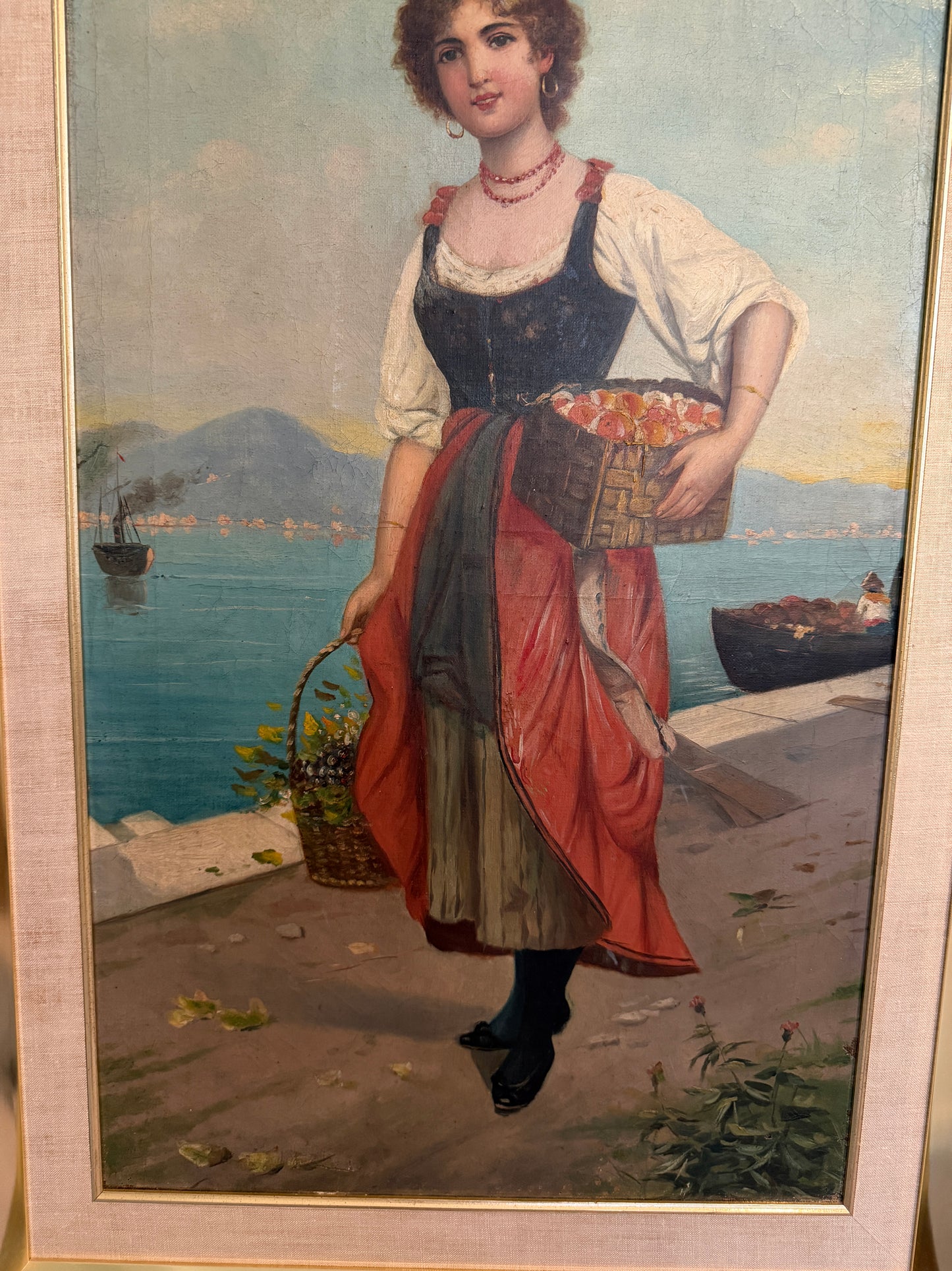 Antique Italian Oil Painting Young Woman with Fruit Basket Mediterranean Scene