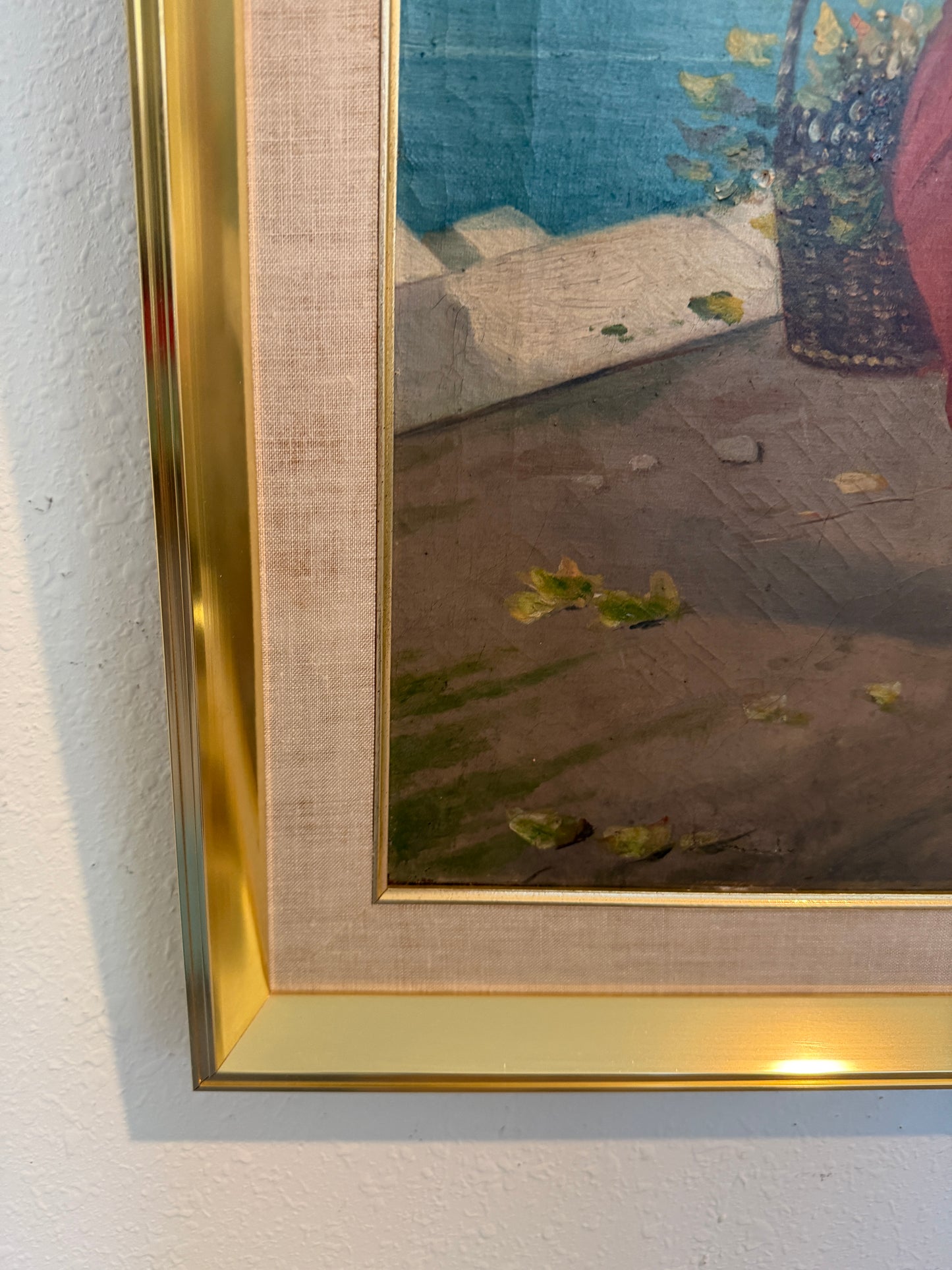 Antique Italian Oil Painting Young Woman with Fruit Basket Mediterranean Scene