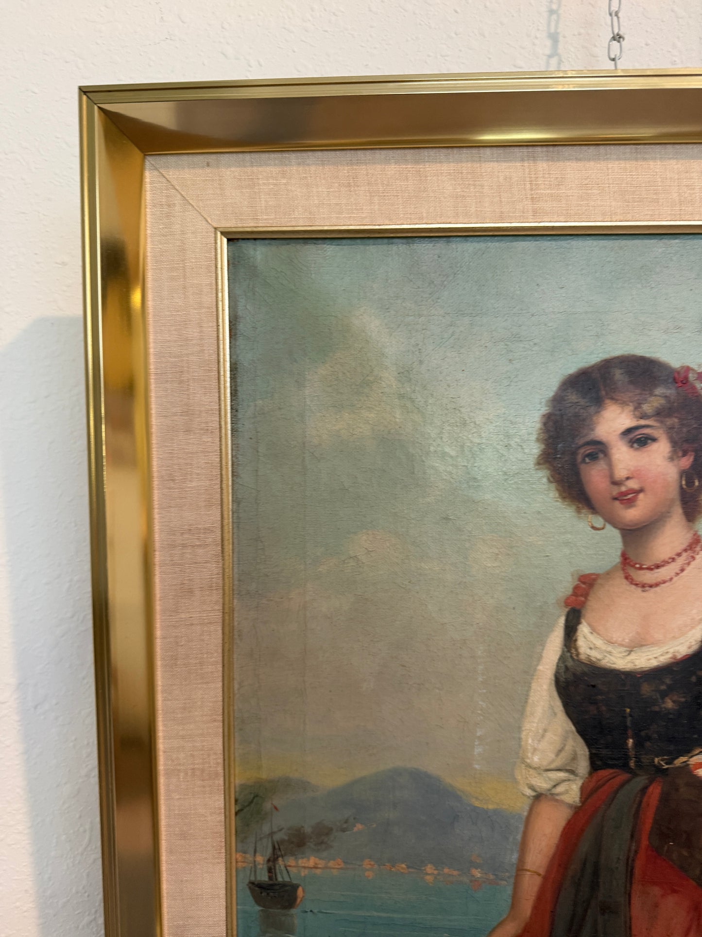 Antique Italian Oil Painting Young Woman with Fruit Basket Mediterranean Scene