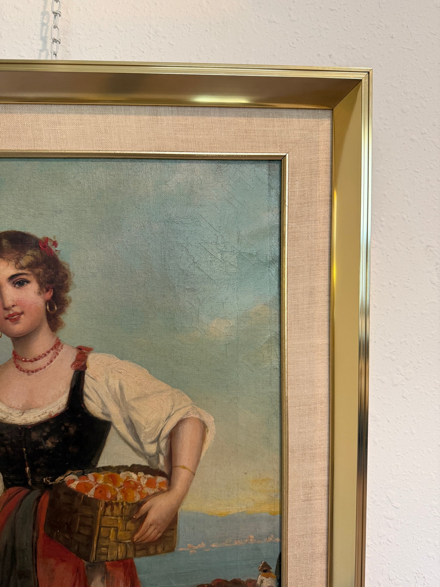 Antique Italian Oil Painting Young Woman with Fruit Basket Mediterranean Scene