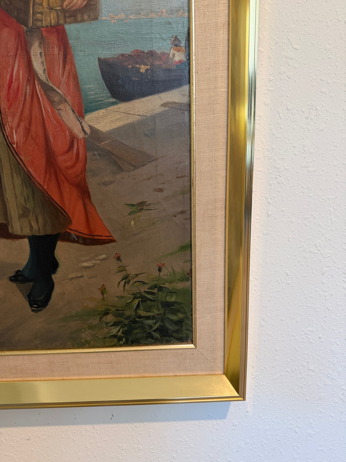 Antique Italian Oil Painting Young Woman with Fruit Basket Mediterranean Scene