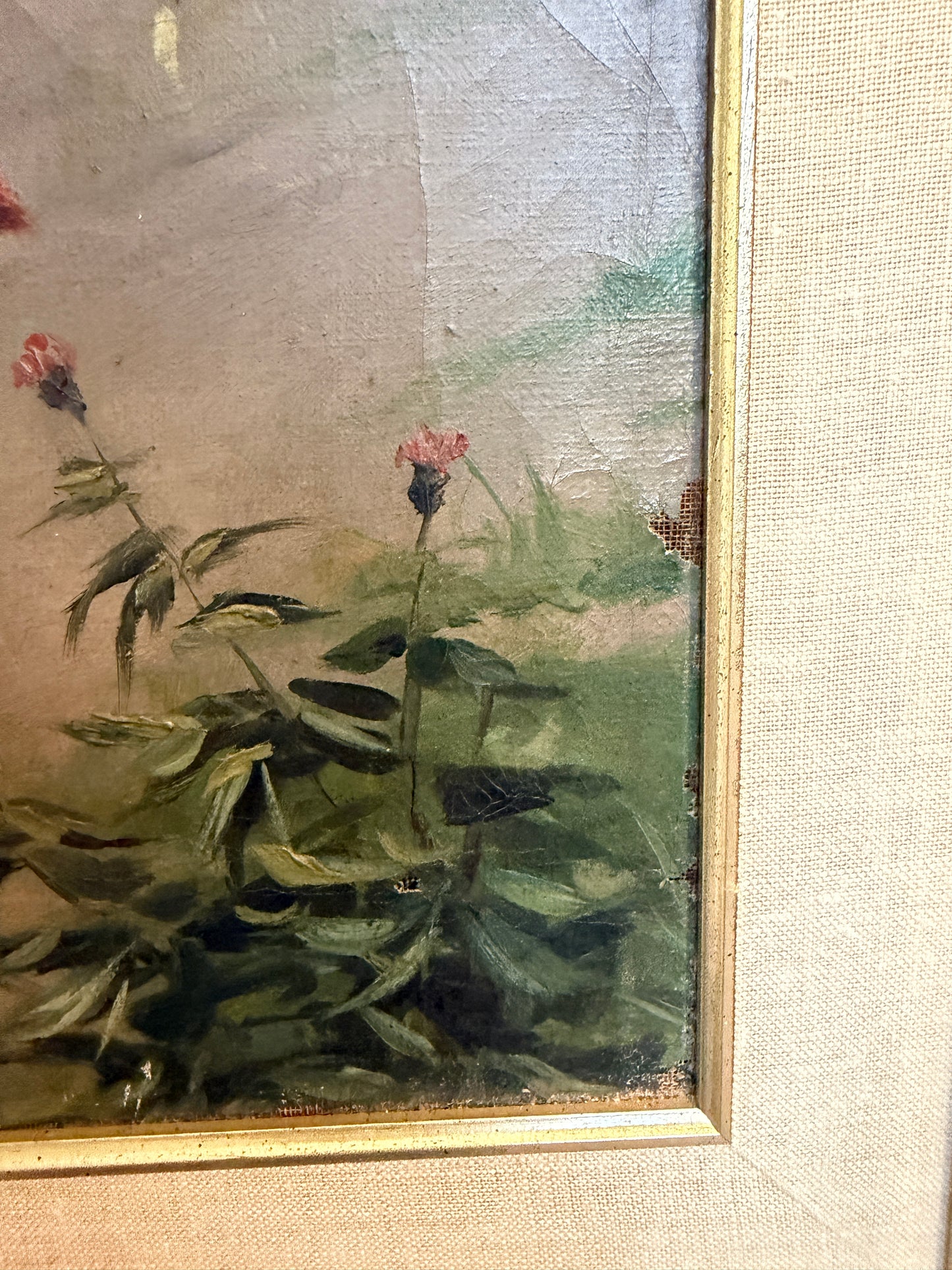 Antique Italian Oil Painting Young Woman with Fruit Basket Mediterranean Scene