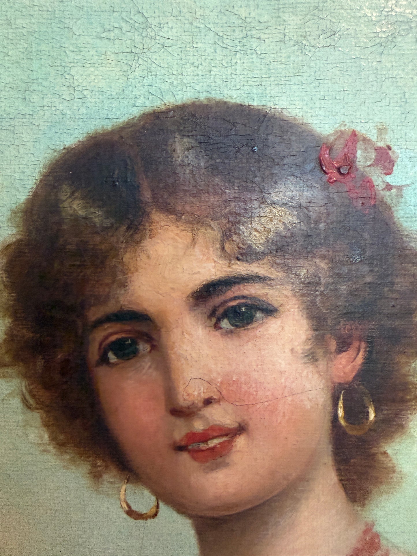 Antique Italian Oil Painting Young Woman with Fruit Basket Mediterranean Scene