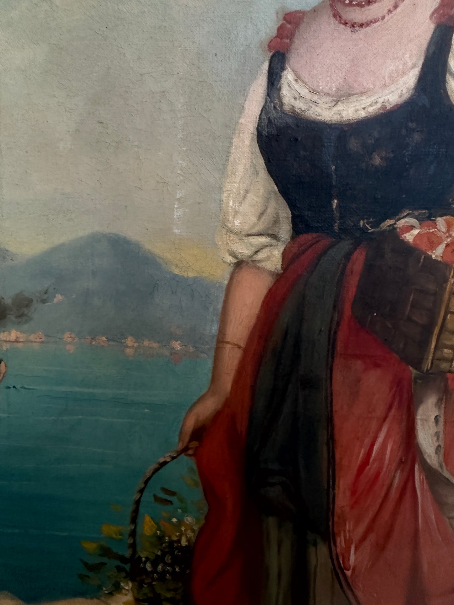 Antique Italian Oil Painting Young Woman with Fruit Basket Mediterranean Scene