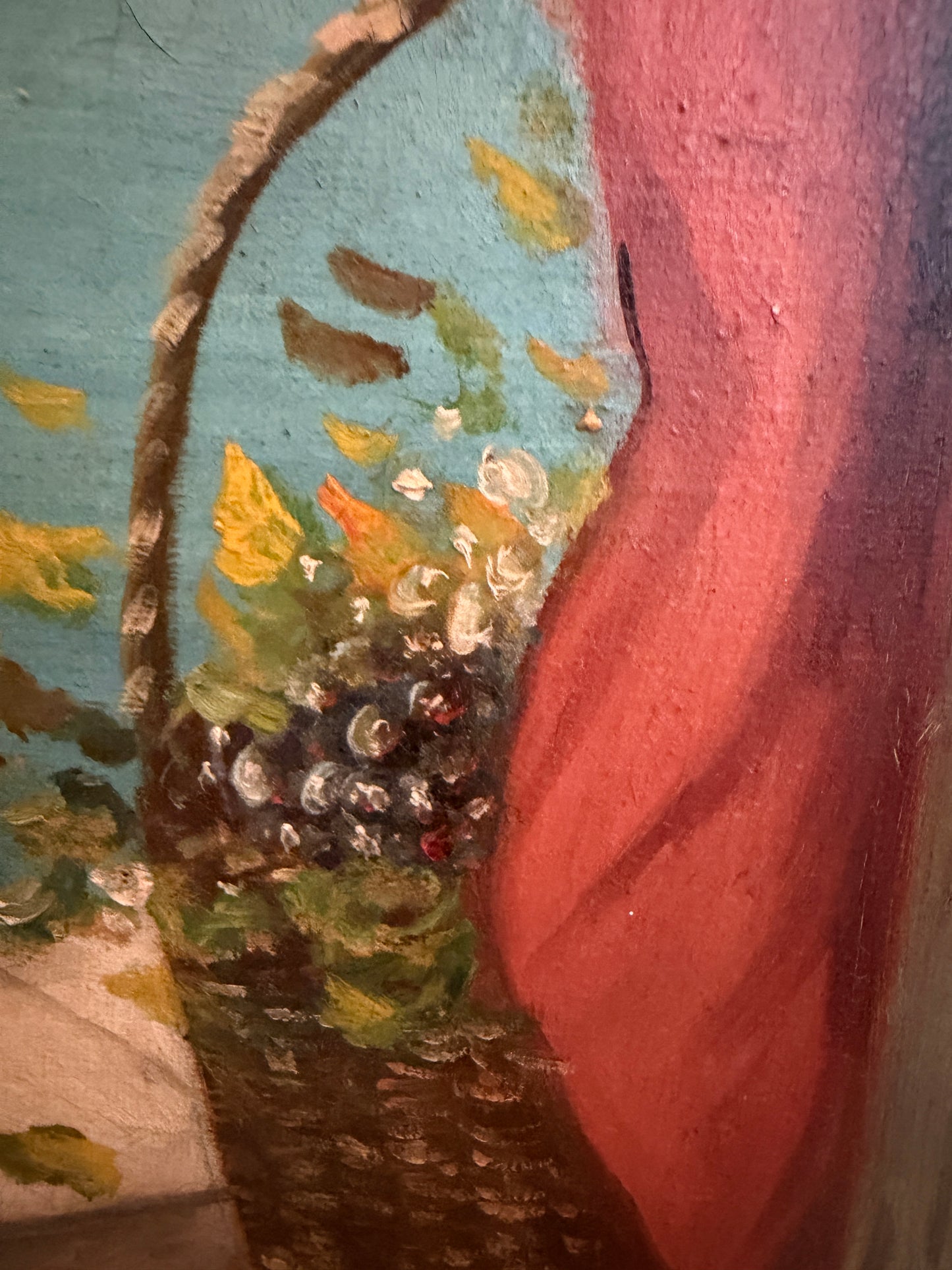 Antique Italian Oil Painting Young Woman with Fruit Basket Mediterranean Scene