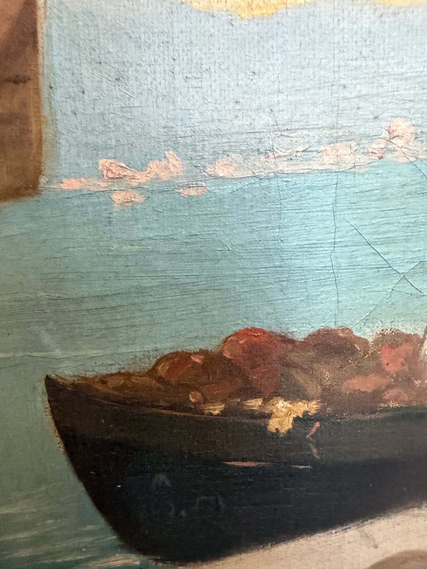 Antique Italian Oil Painting Young Woman with Fruit Basket Mediterranean Scene