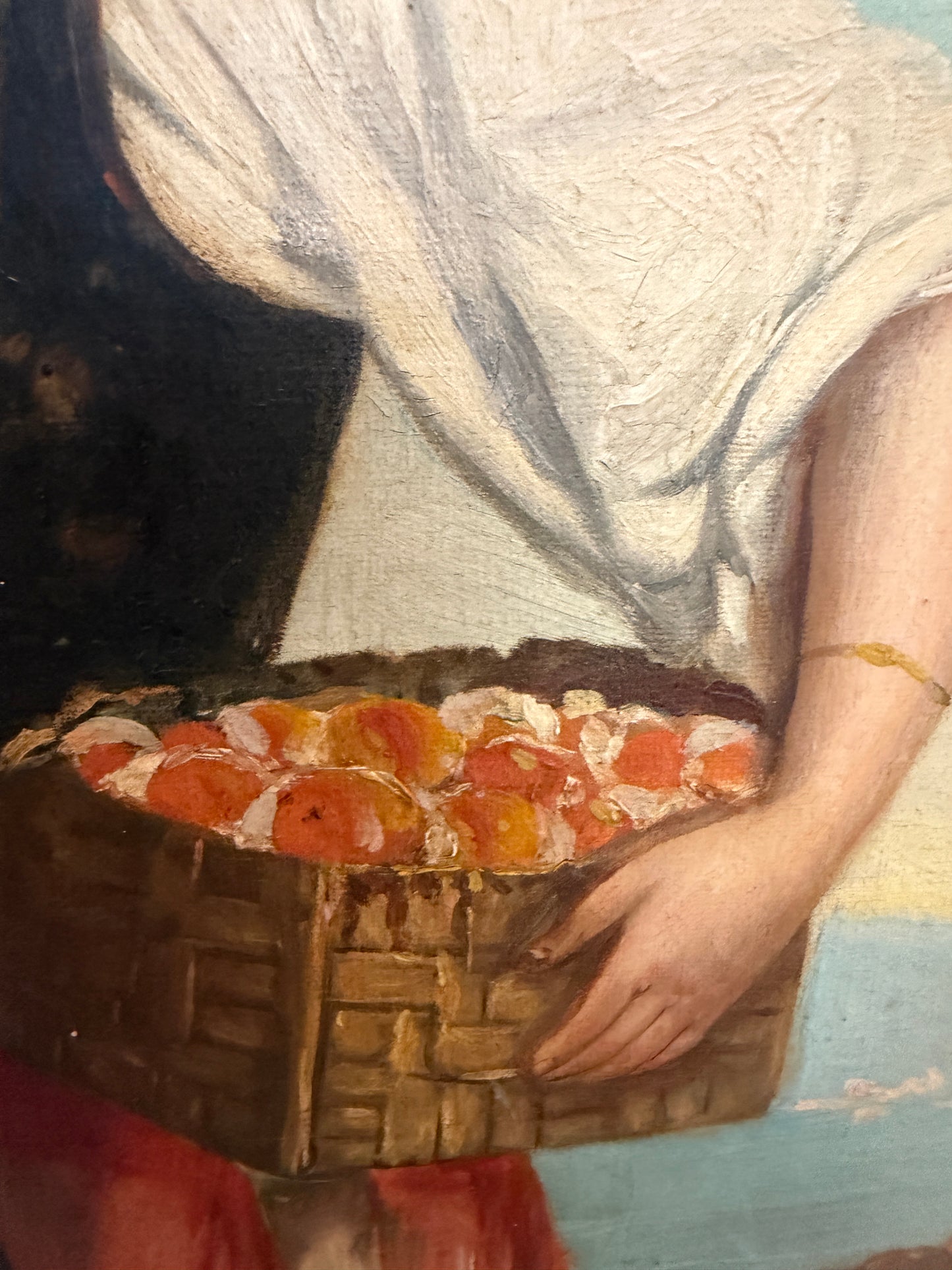 Antique Italian Oil Painting Young Woman with Fruit Basket Mediterranean Scene