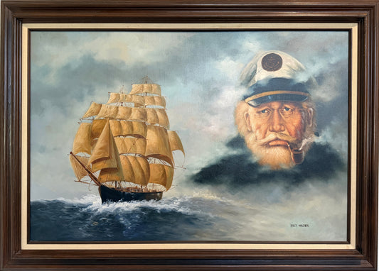 Surreal Maritime Oil Painting Tall Ship & Sea Captain Portrait Signed B. Wilder
