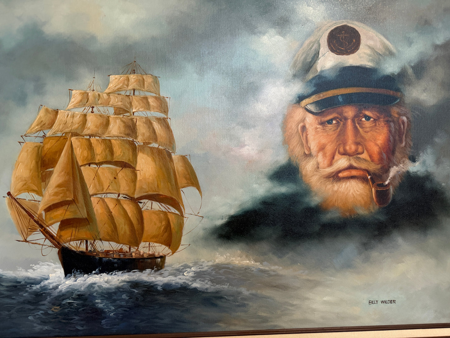 Surreal Maritime Oil Painting Tall Ship & Sea Captain Portrait Signed B. Wilder