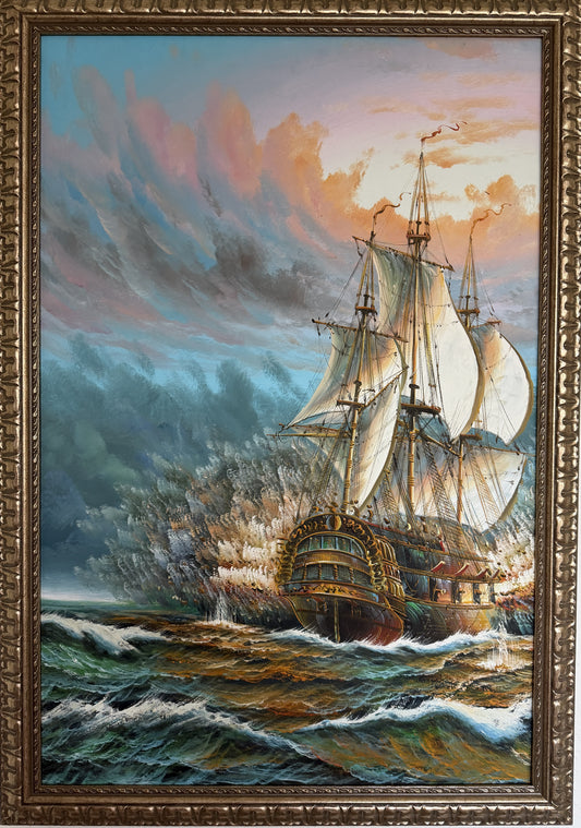 Original Oil Painting Tall Ship at Sea Framed Maritime Seascape