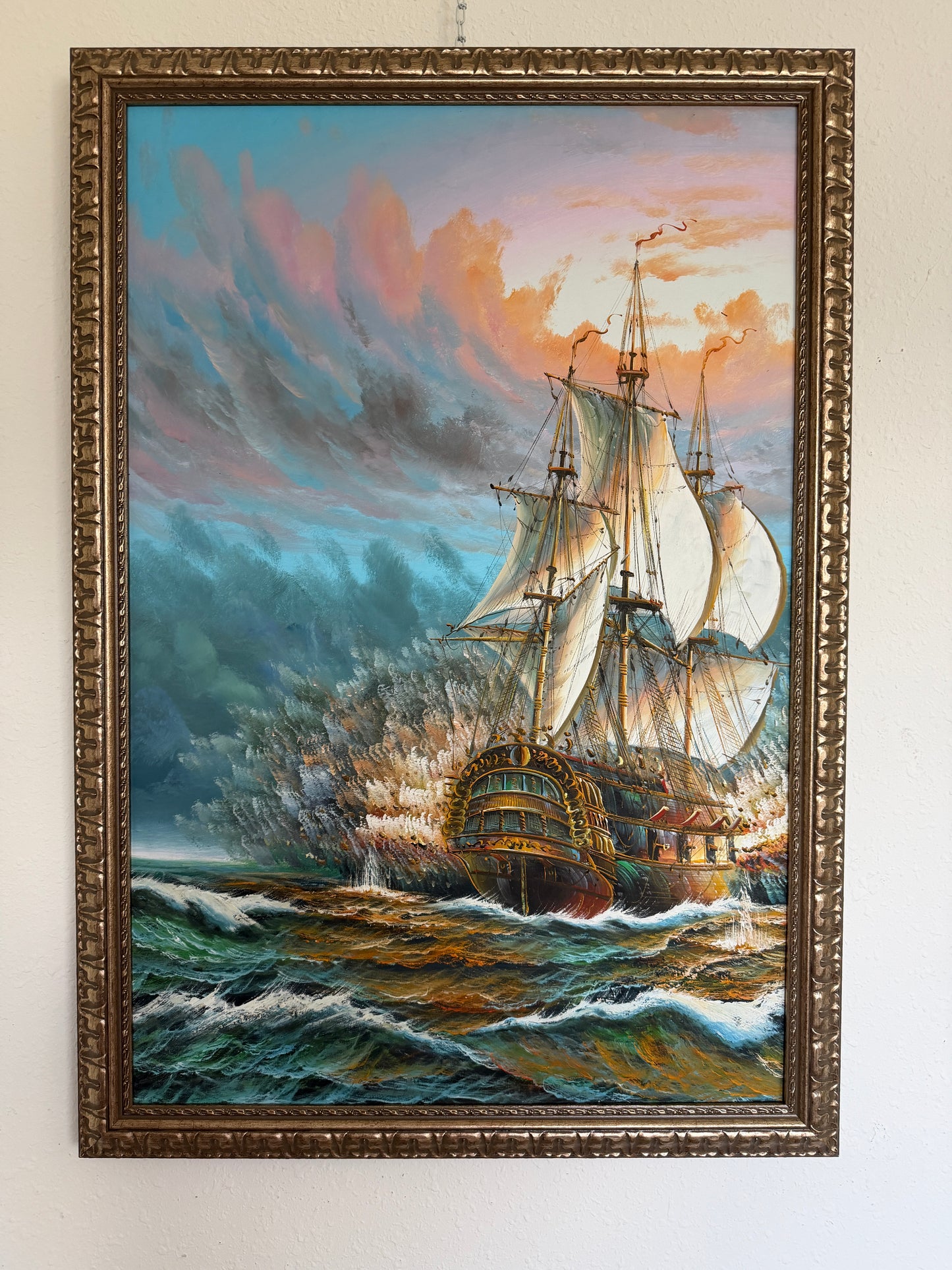 Original Oil Painting Tall Ship at Sea Framed Maritime Seascape