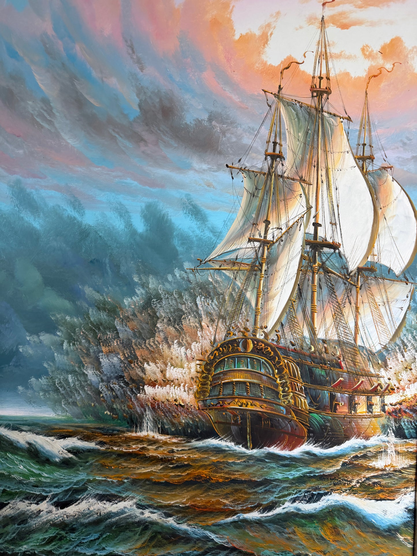 Original Oil Painting Tall Ship at Sea Framed Maritime Seascape