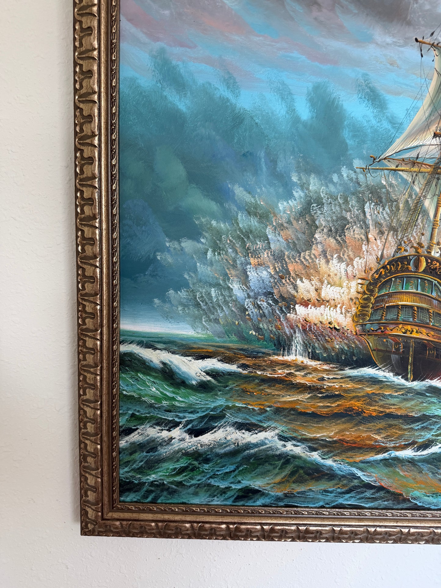 Original Oil Painting Tall Ship at Sea Framed Maritime Seascape