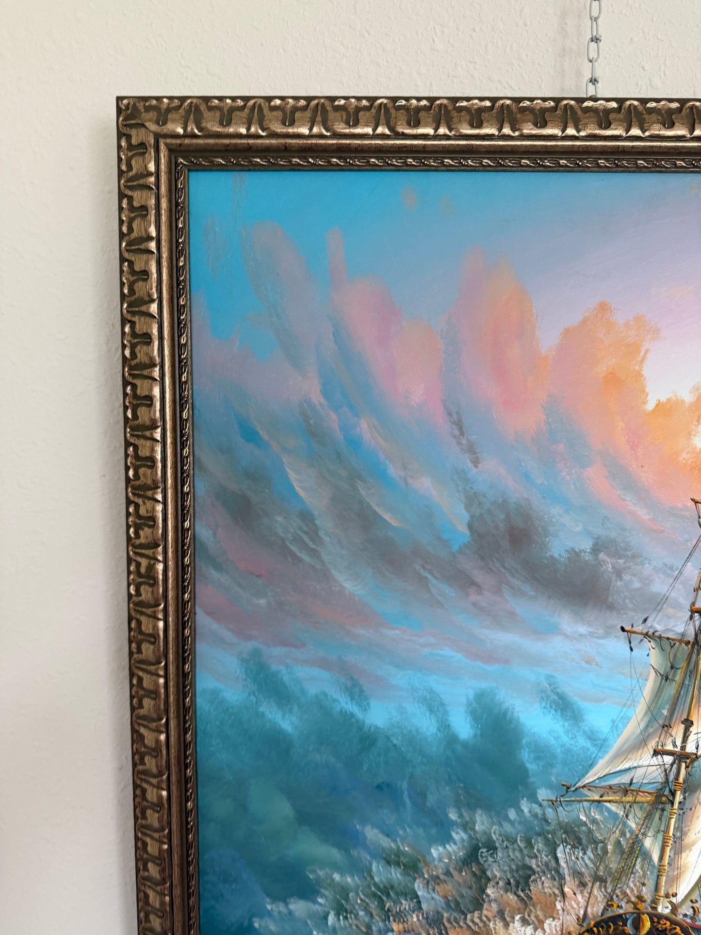 Original Oil Painting Tall Ship at Sea Framed Maritime Seascape