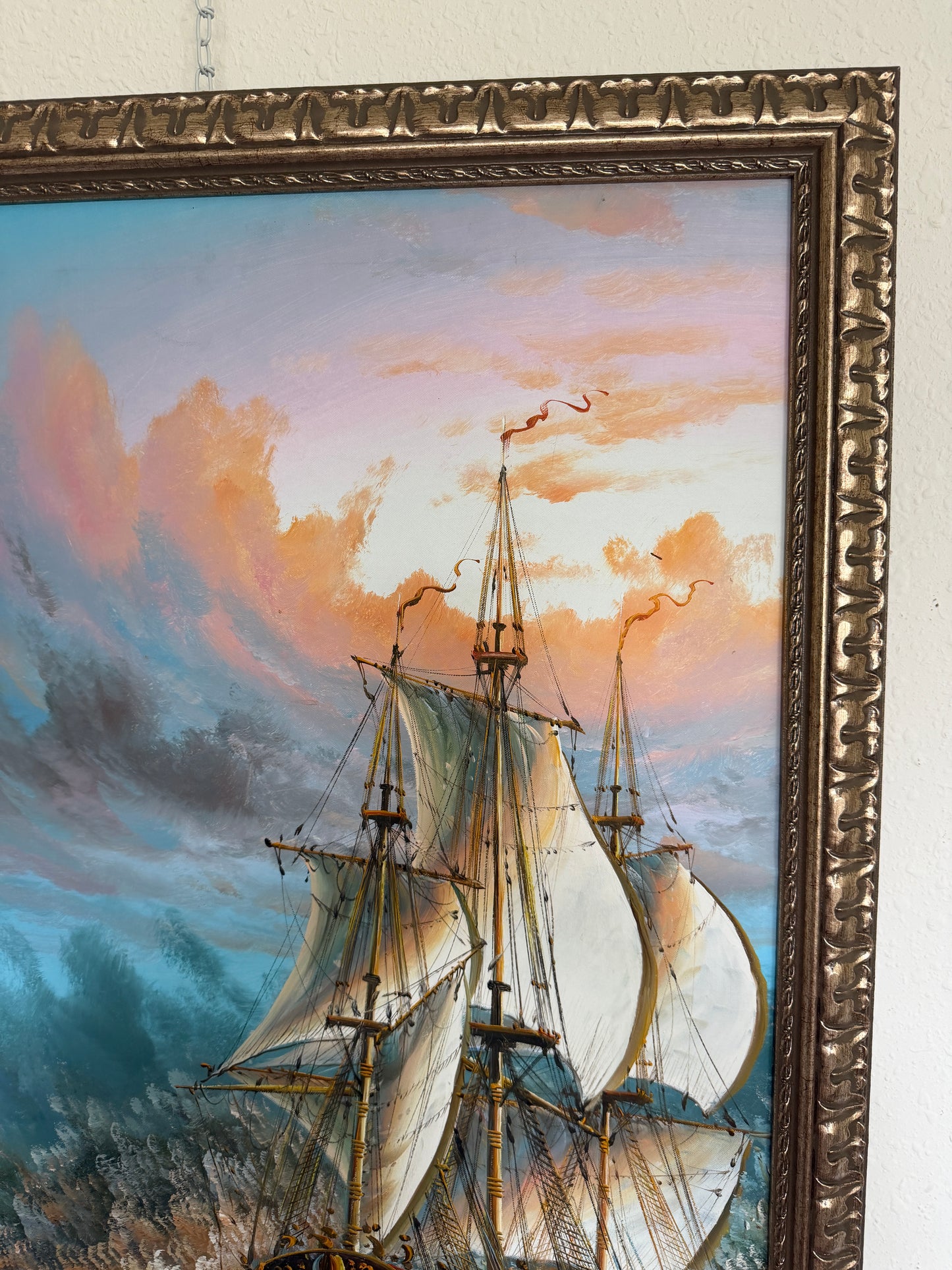 Original Oil Painting Tall Ship at Sea Framed Maritime Seascape
