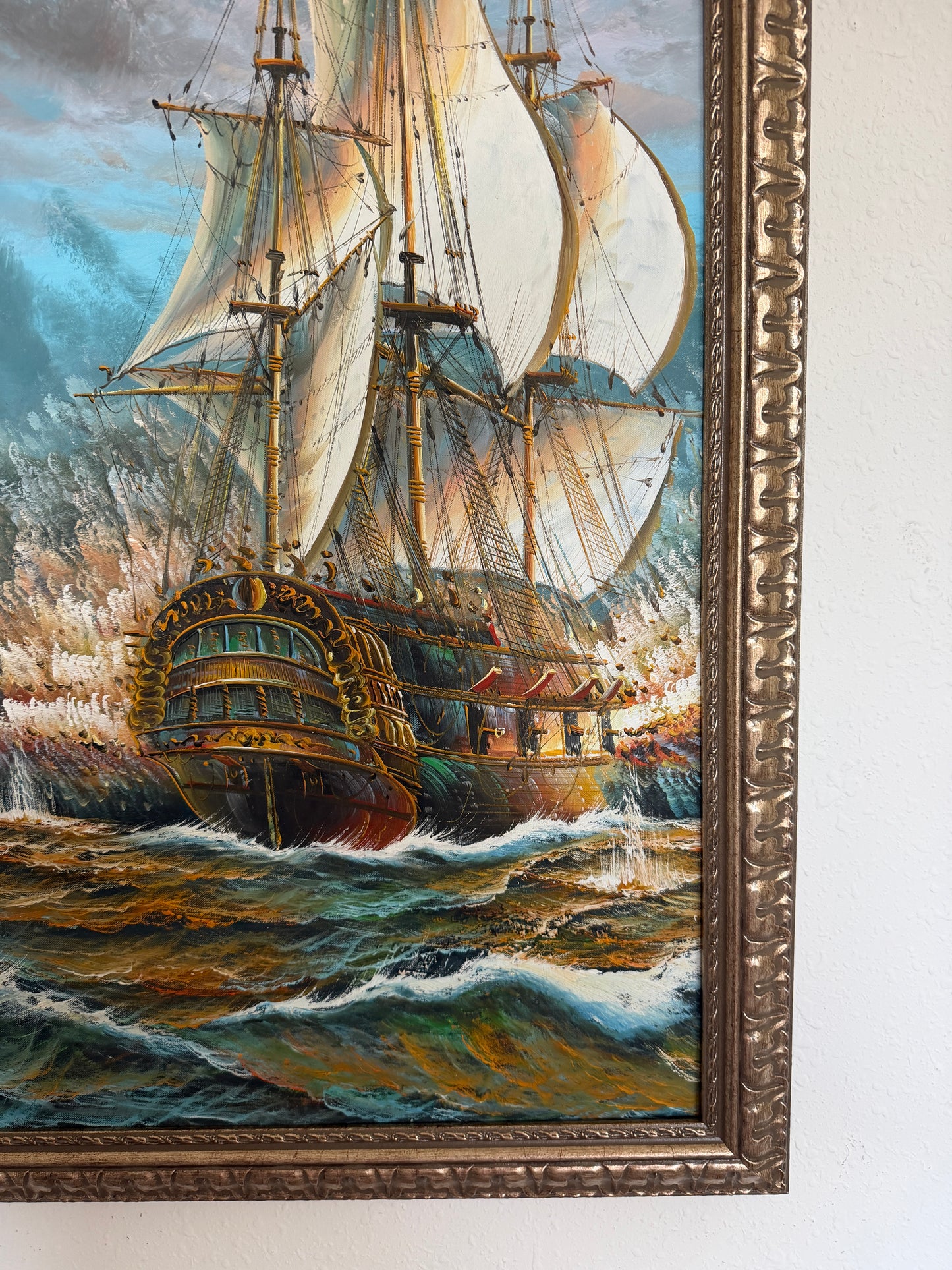 Original Oil Painting Tall Ship at Sea Framed Maritime Seascape