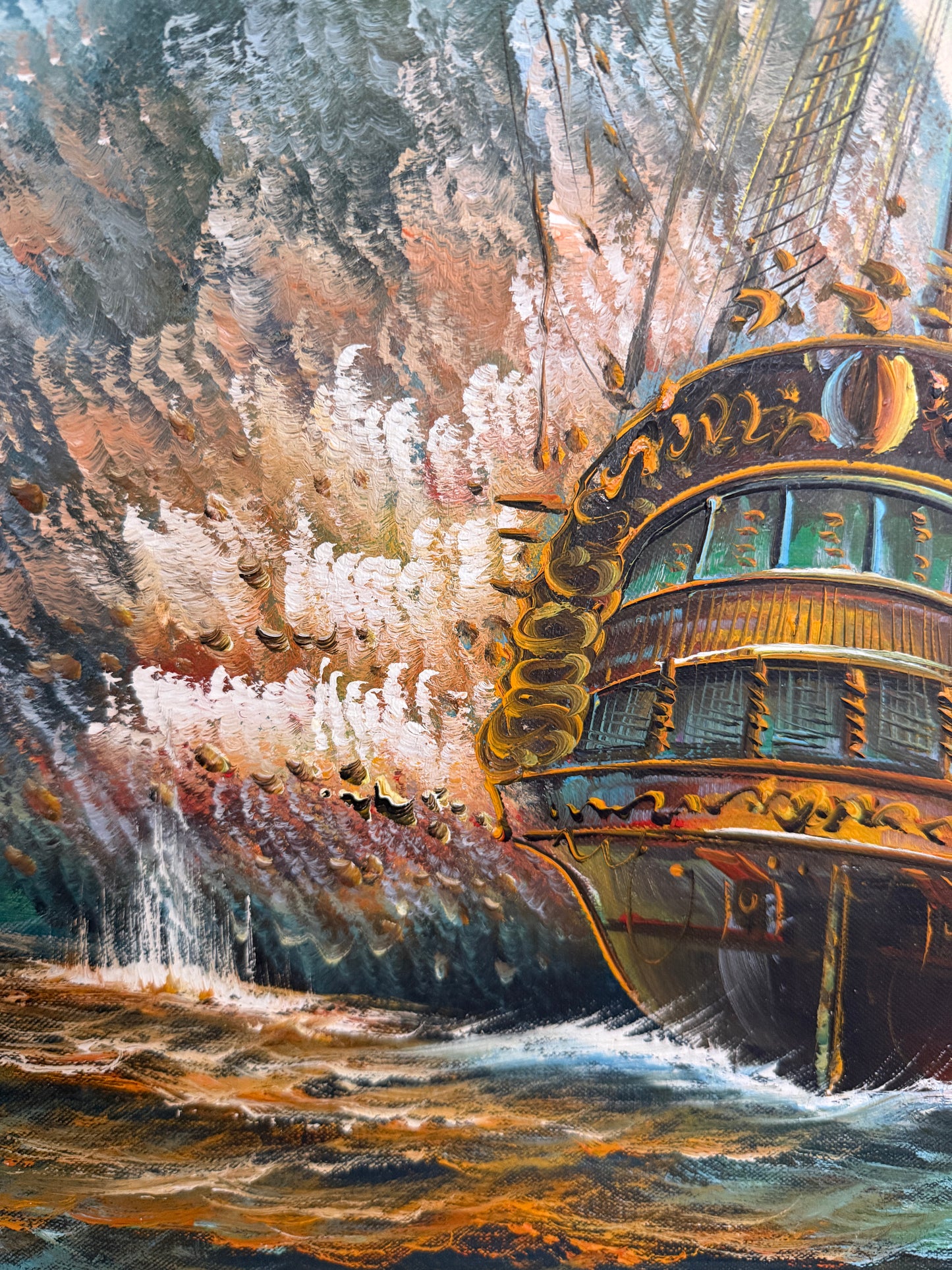 Original Oil Painting Tall Ship at Sea Framed Maritime Seascape