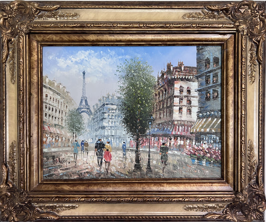 C. Burnett painting on canvas Cityscape Paris street view, Eiffel Tower, framed