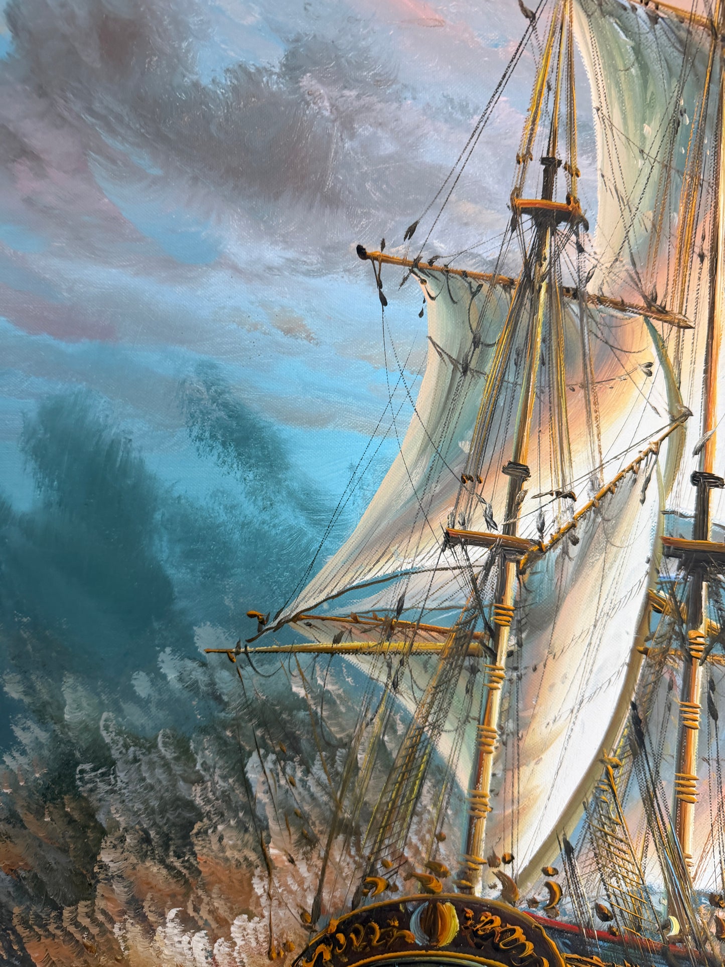 Original Oil Painting Tall Ship at Sea Framed Maritime Seascape